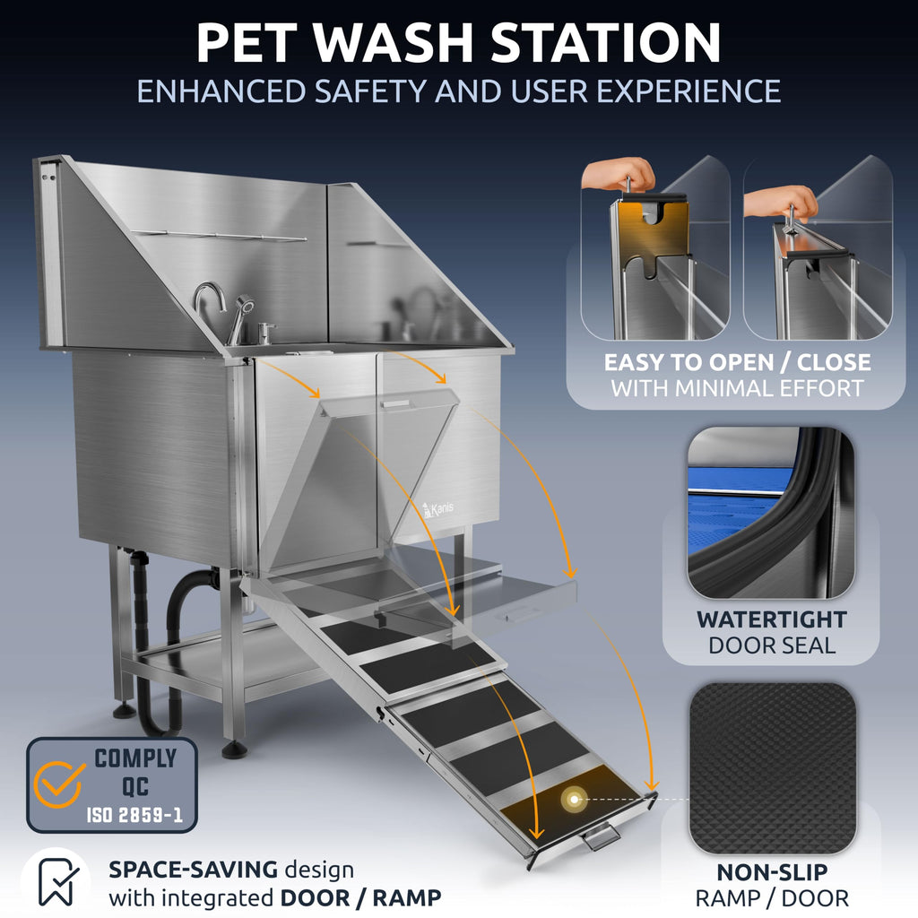 KANIS Professional Dog Washing Station 304 Stainless Steel Pet Wash Sink & Grooming Bathtub w/Shower, Floor Grates and Storage for Large, Medium & Small Pets (Silver, 50 Inches, Right Ramp, 1 Drawer)