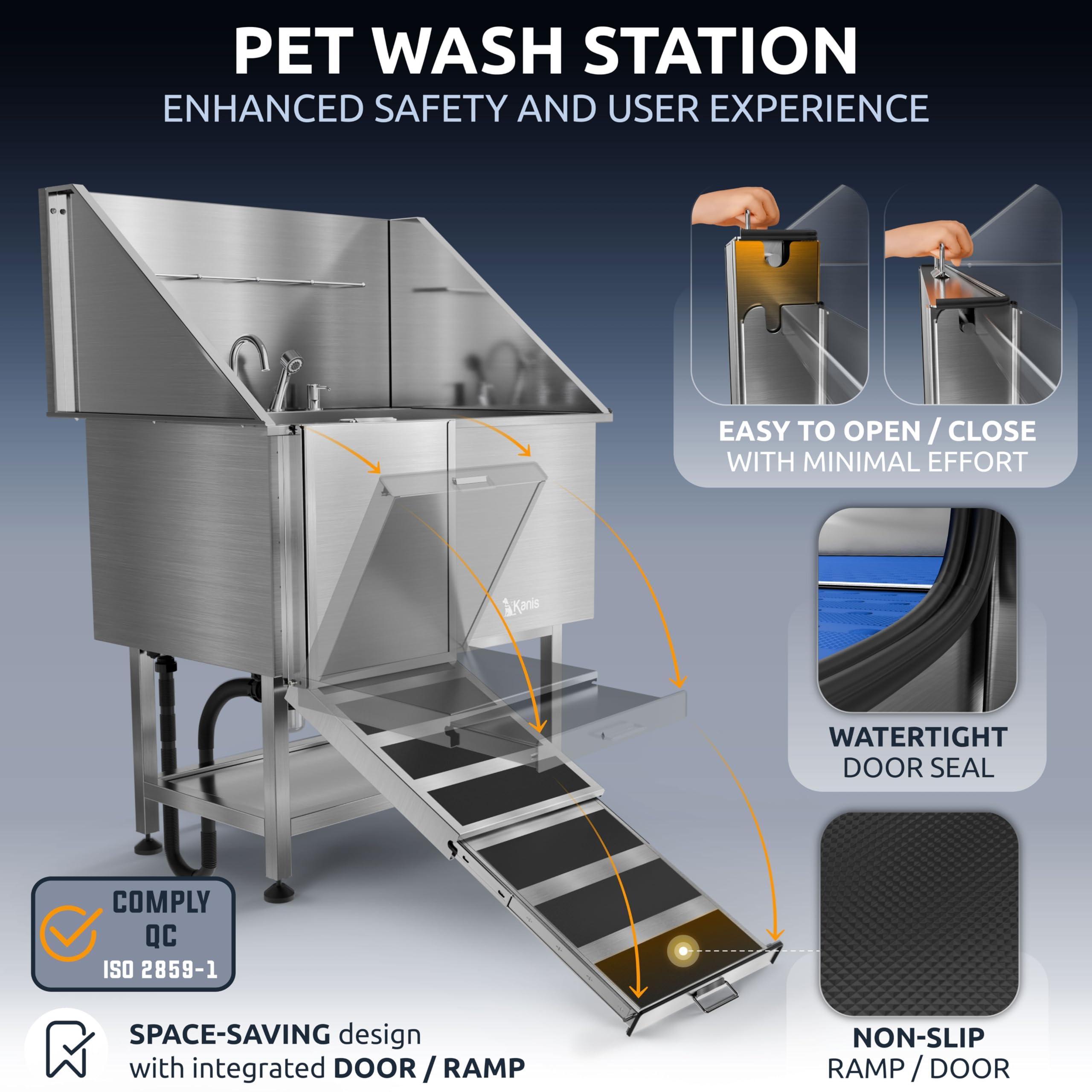 KANIS Professional Dog Washing Station 304 Stainless Steel Pet Wash Sink & Grooming Bathtub w/Shower, Floor Grates and Storage for Large, Medium & Small Pets (Silver, 50 Inches, Right Ramp, 1 Drawer)