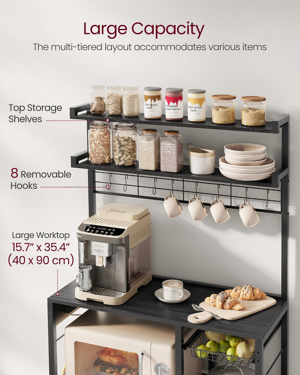 VASAGLE Kitchen Bakers Rack with Power Outlet, Coffee Bar with 35.4-Inch High Worktop, Microwave Stand with 8 Hooks, 15.7 x 31.5 x 66.9 Inches, Golden Oak and Cloud White UKKS059Y01