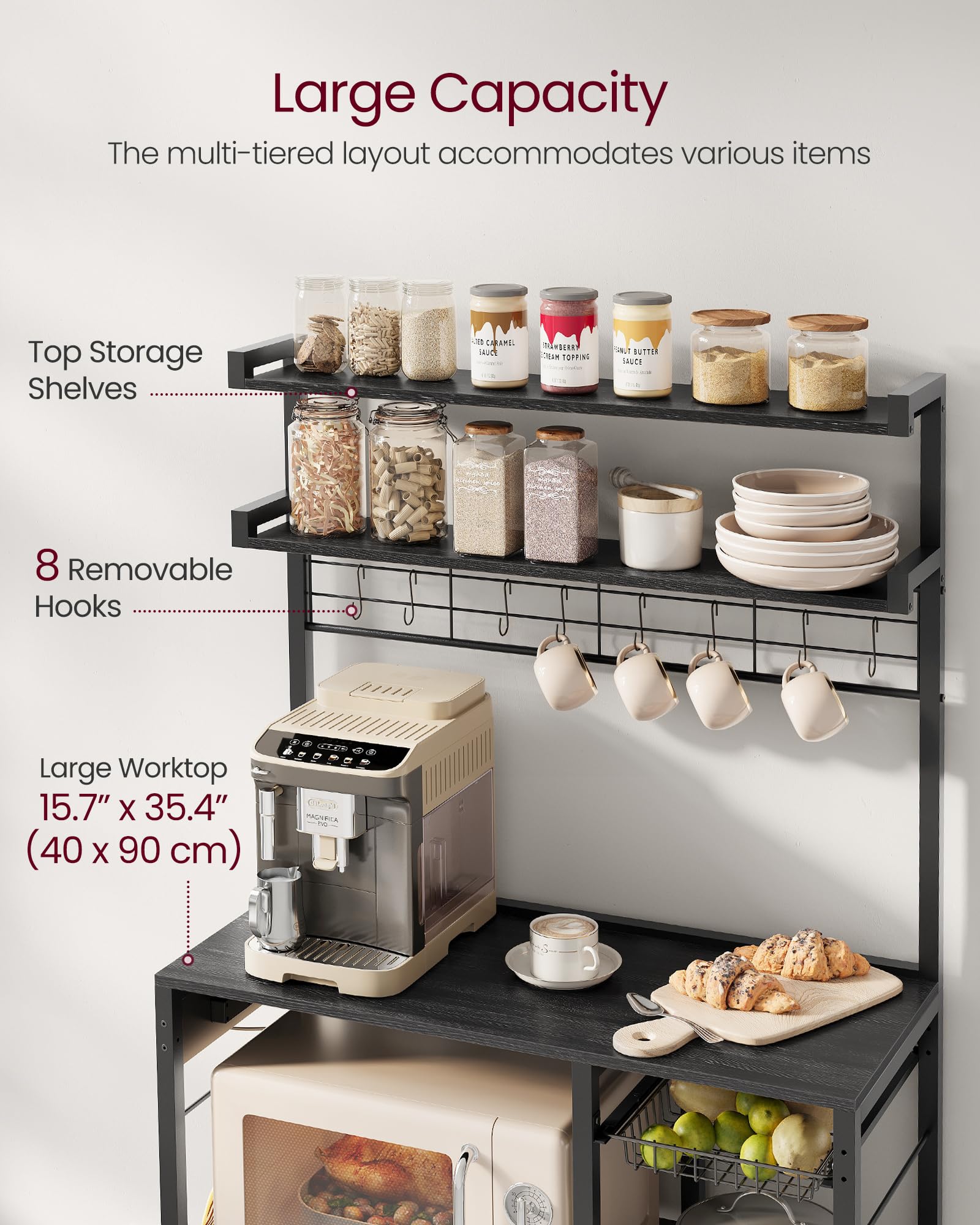 VASAGLE Kitchen Bakers Rack with Power Outlet, Coffee Bar with 35.4-Inch High Worktop, Microwave Stand with 8 Hooks, 15.7 x 31.5 x 66.9 Inches, Golden Oak and Cloud White UKKS059Y01