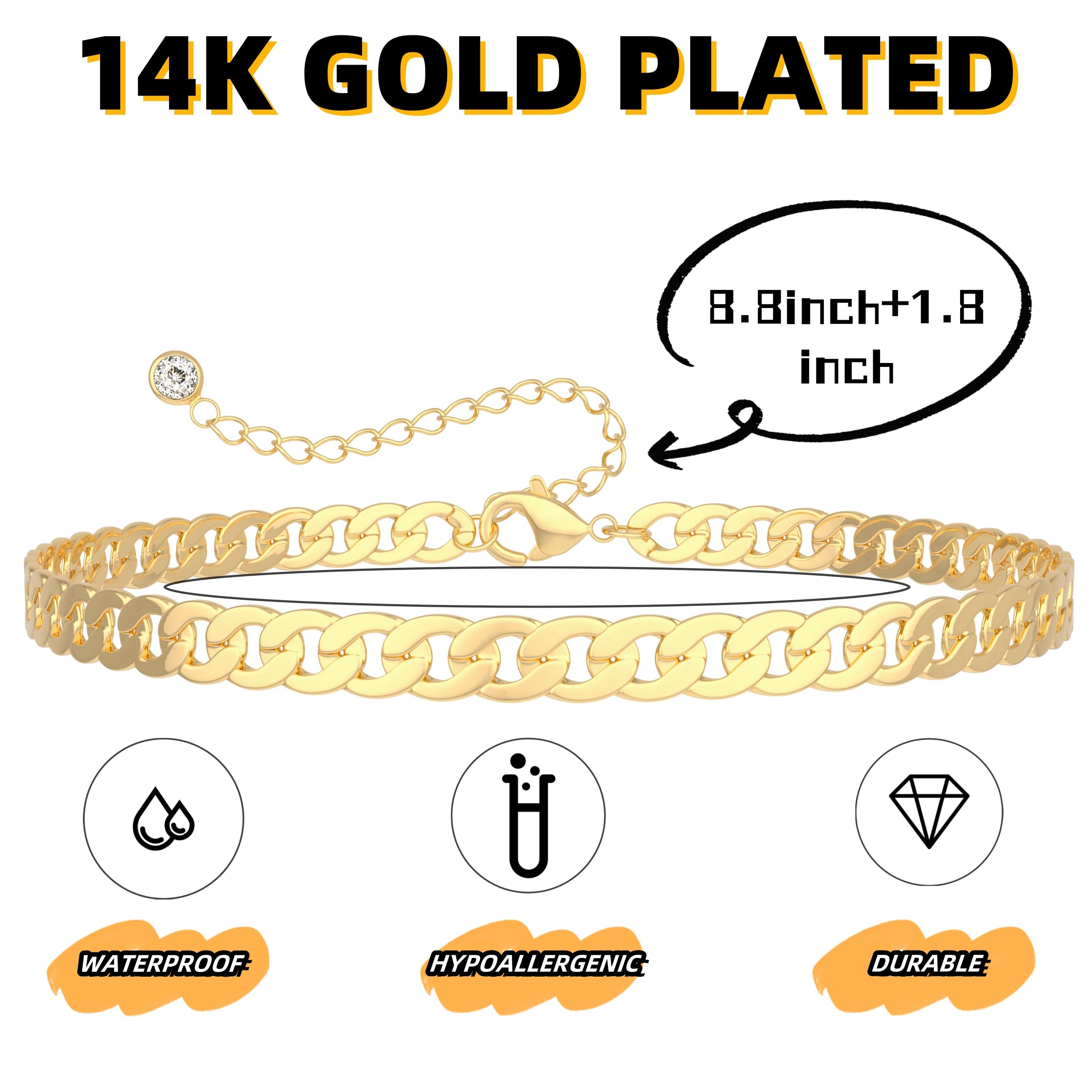 Gold Ankle Bracelets for Women Waterproof - Dainty Gold Anklets Trendy Layered 14K Gold/Silver Plated Stackable Chunky Cuban Link Chian Anklet Bracelet Set for Women Non Tarnish Beach Jewelry Gift