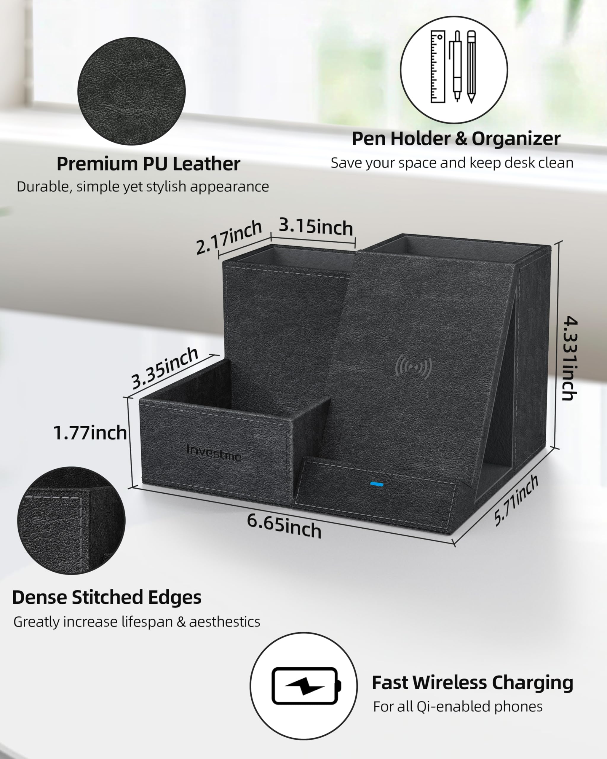 Wireless Charger with Desk Organizer, Pen Pencil Holder, Multifunctional Desktop Organizer, Office Supplies and Desk Accessories Organizer with 3 Compartments and 1 Phone Stand