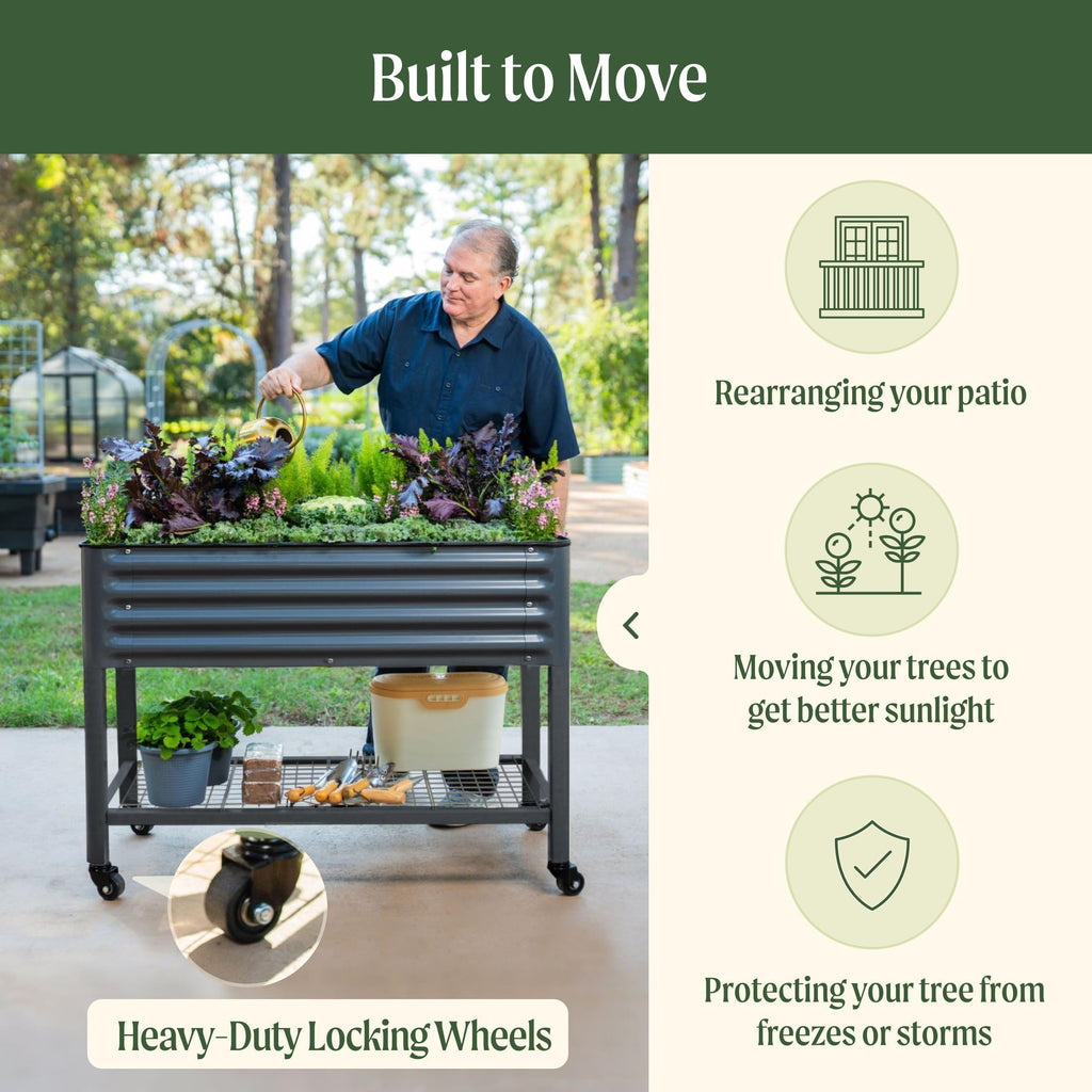Rolling Elevated Raised Garden Bed, 2' x 4' Outdoor Planters Boxes with Legs & Storage Rack for Patio, 700 Lbs Weight Capacity, Raised Beds for Gardening Herbs Flowers, Pearl White
