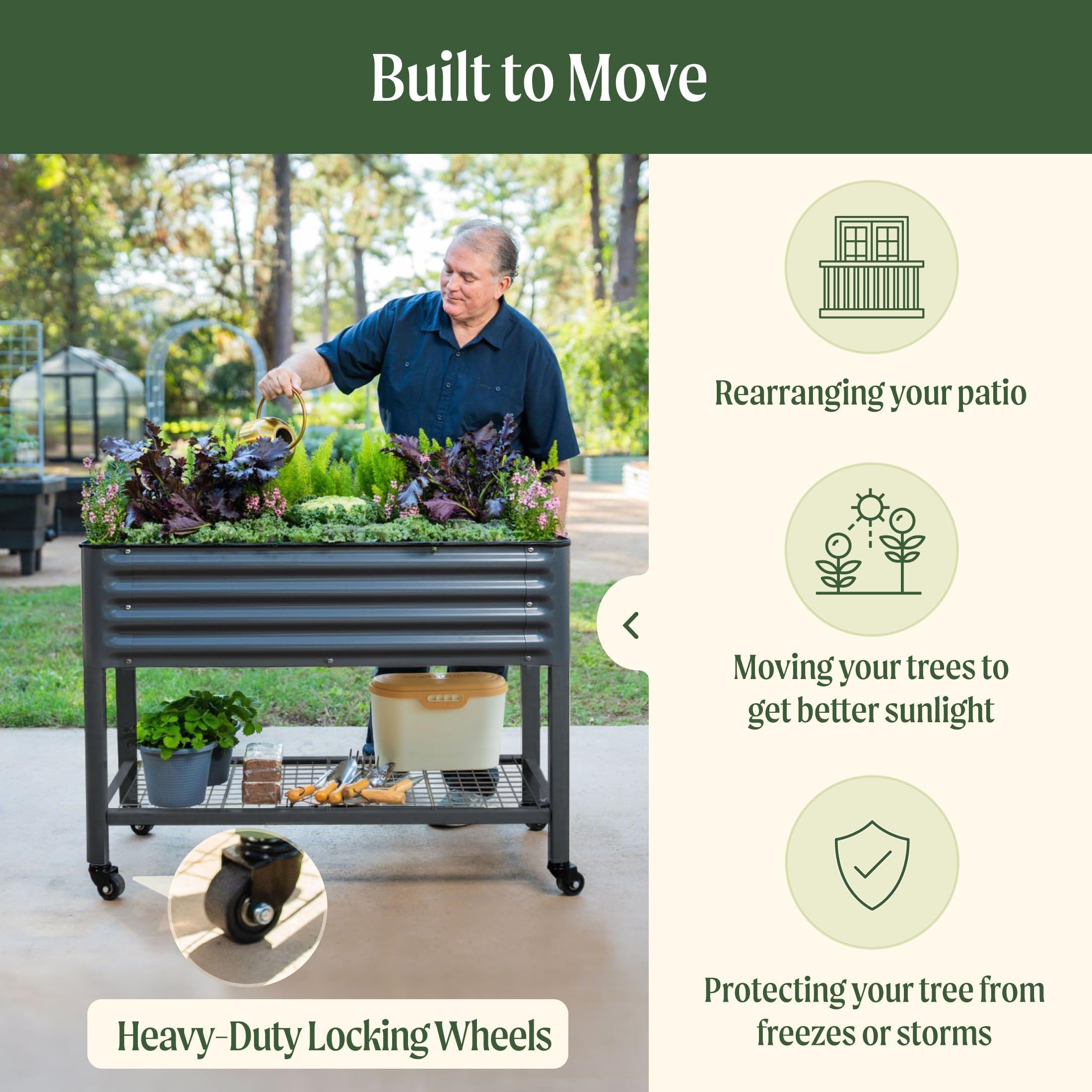 Rolling Elevated Raised Garden Bed, 2' x 4' Outdoor Planters Boxes with Legs & Storage Rack for Patio, 700 Lbs Weight Capacity, Raised Beds for Gardening Herbs Flowers, Pearl White