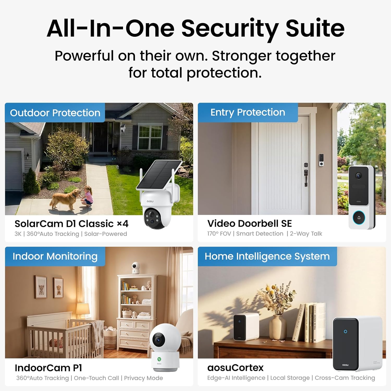 aosu 3K Solar Security Camera Outdoor Wireless Kit System with 2K Video Doorbell & Indoor Camera, 360° Protection, AI Alerts, Cross-Camera Tracking, Color Night Vision Expandable to 16TB Local Storage