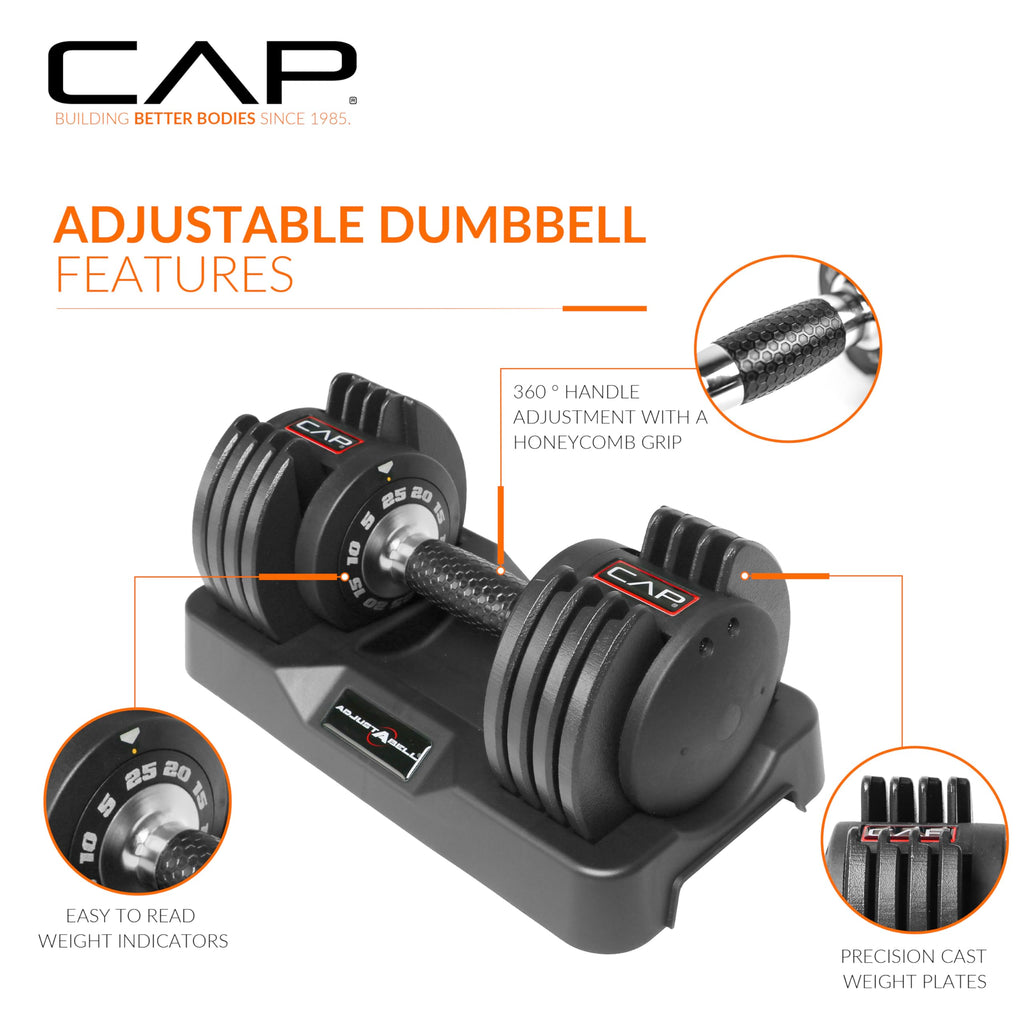 CAP ADJUSTABELL Adjustable Dumbbell Set, Premium Quick Select Adjustable Weights for Strength Training, Singles & Pairs, 12.5 LB, 25 LB & 55 LB, Round & Hex Dumbbells, Multiple Grip Handle Options