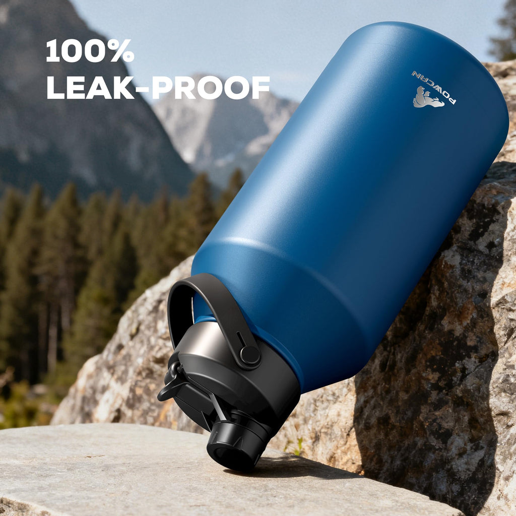 POWCAN 64 oz Insulated Water Bottle for Sports: 2-in-1 Straw & Spout Lid, Leakproof, Carrier Bag, Shoulder Strap, Keep Cold 48H, BPA-Free, Half Gallon Metal Water Jug for Gym, Travel, Gift (Midnight)