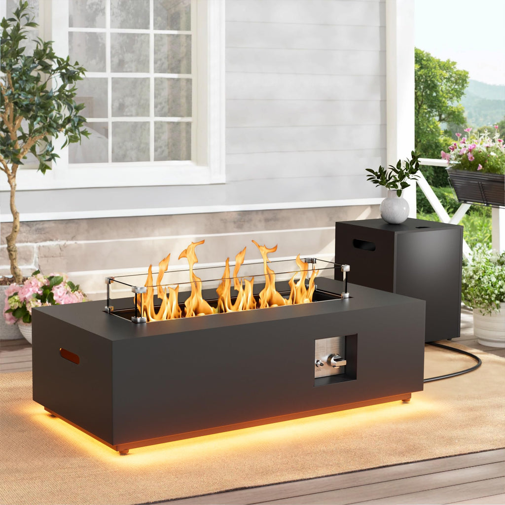SUNPEAK 42" Modern Fire Pit Table with LED Light 50,000 BTU Deck Fire Pit Table Includes Wind Guard, Lid, Rocks & Cover - Propane Gas Patio Fireplace, Chimenea para Patio (Grey/Golden Light, 42" LED)