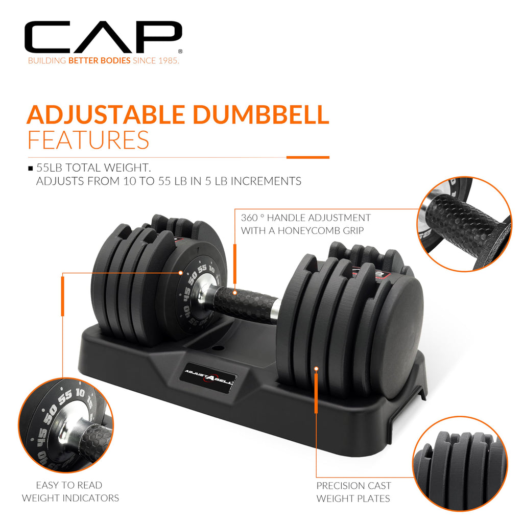 CAP ADJUSTABELL Adjustable Dumbbell Set, Premium Quick Select Adjustable Weights for Strength Training, Singles & Pairs, 12.5 LB, 25 LB & 55 LB, Round & Hex Dumbbells, Multiple Grip Handle Options
