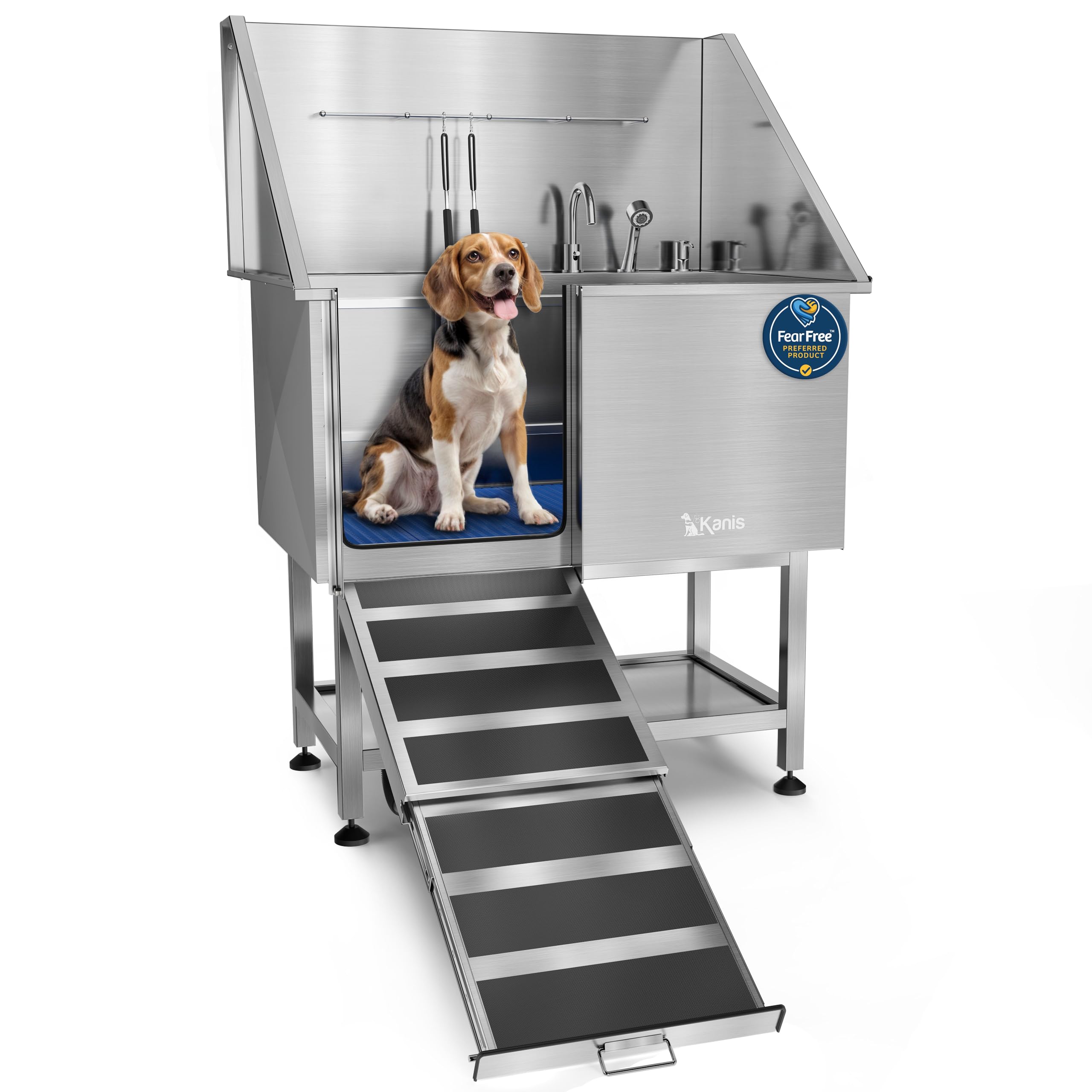 KANIS Professional Dog Washing Station 304 Stainless Steel Pet Wash Sink & Grooming Bathtub w/Shower, Floor Grates and Storage for Large, Medium & Small Pets (Silver, 50 Inches, Right Ramp, 1 Drawer)