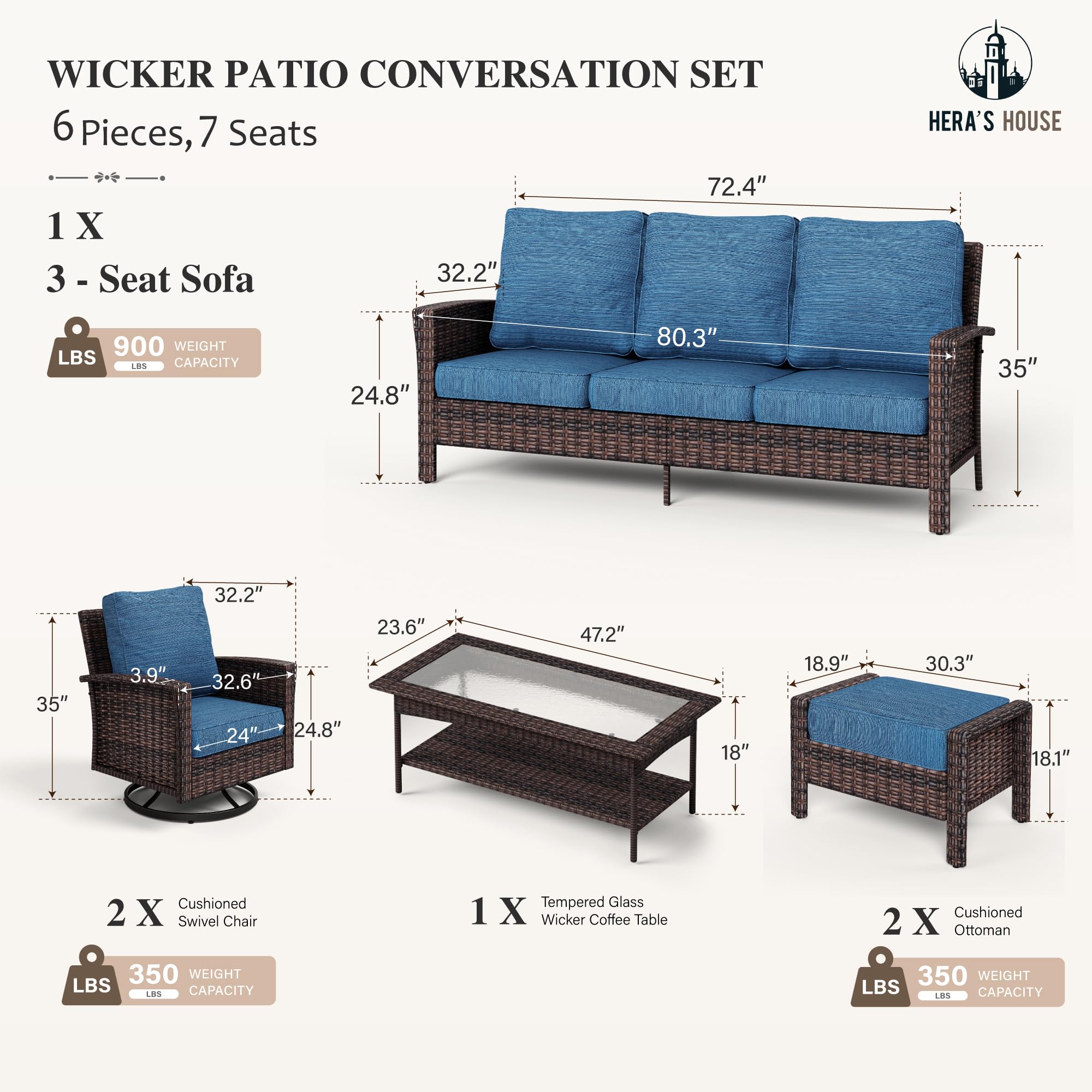 HERA'S HOUSE Patio Furniture Set, High Back Swivel Outdoor Chair with 5.5" Thick Cushions, Oversized Deep Seating Wicker Conversation Set for Lawn Backyard Deck, Navy Blue