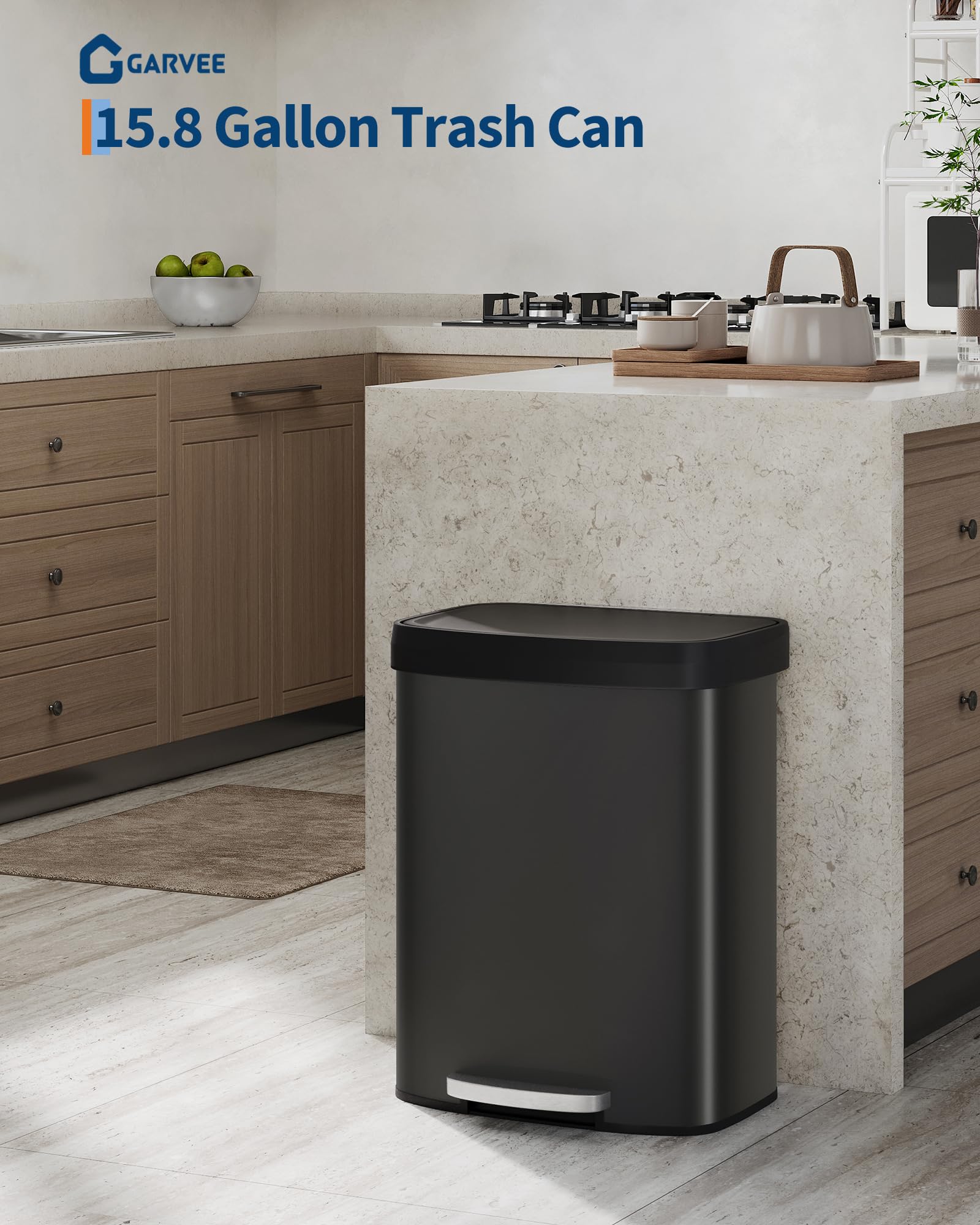 Garvee 13 gal / 50 L Stainless Steel Trash Can with Lid, Large Garbage Can for Kitchen, Rustproof Step-on Kitchen Metal Trash Bin with Liner Rim, Rear Handle, Soft Close Plastic Lid, Silver