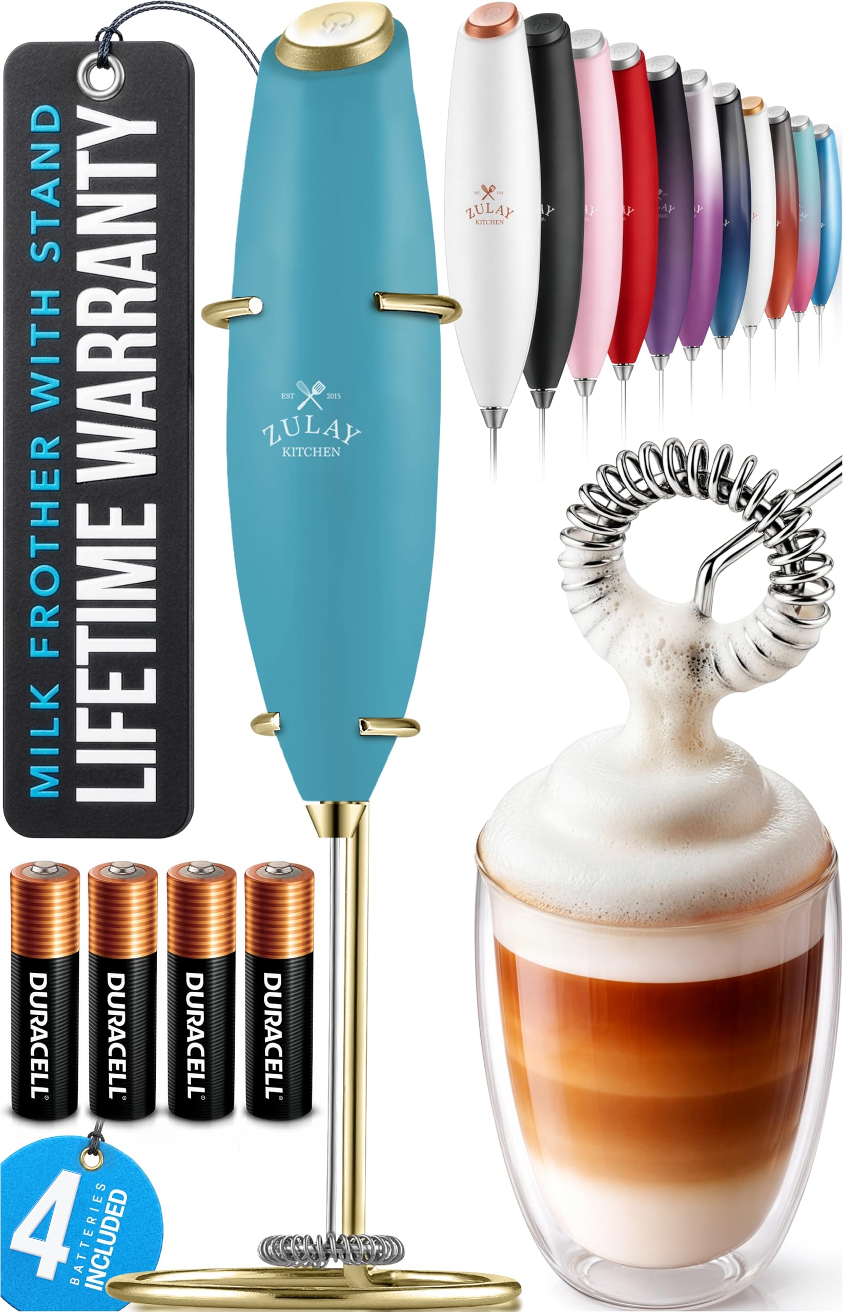 Zulay Kitchen Powerful Milk Frother Wand With Duracell Batteries - Ultra Fast Handheld Drink Mixer - Electric Whisk Foam Maker for Coffee, Lattes, Cappuccino & Matcha - Z1 Motor - Black