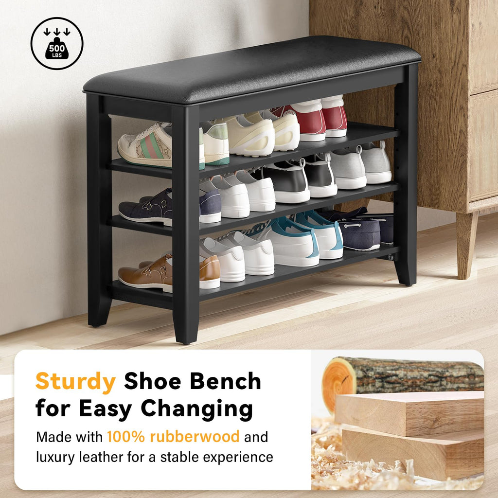 Taitiy Shoe Bench Storage Rubberwood with Leather Cushion for Entryway Bench Ideal for Hallways Shoe Rack Front Doors Entrances Mudrooms Featuring 3 Height-Adjustable and Removable Shelves