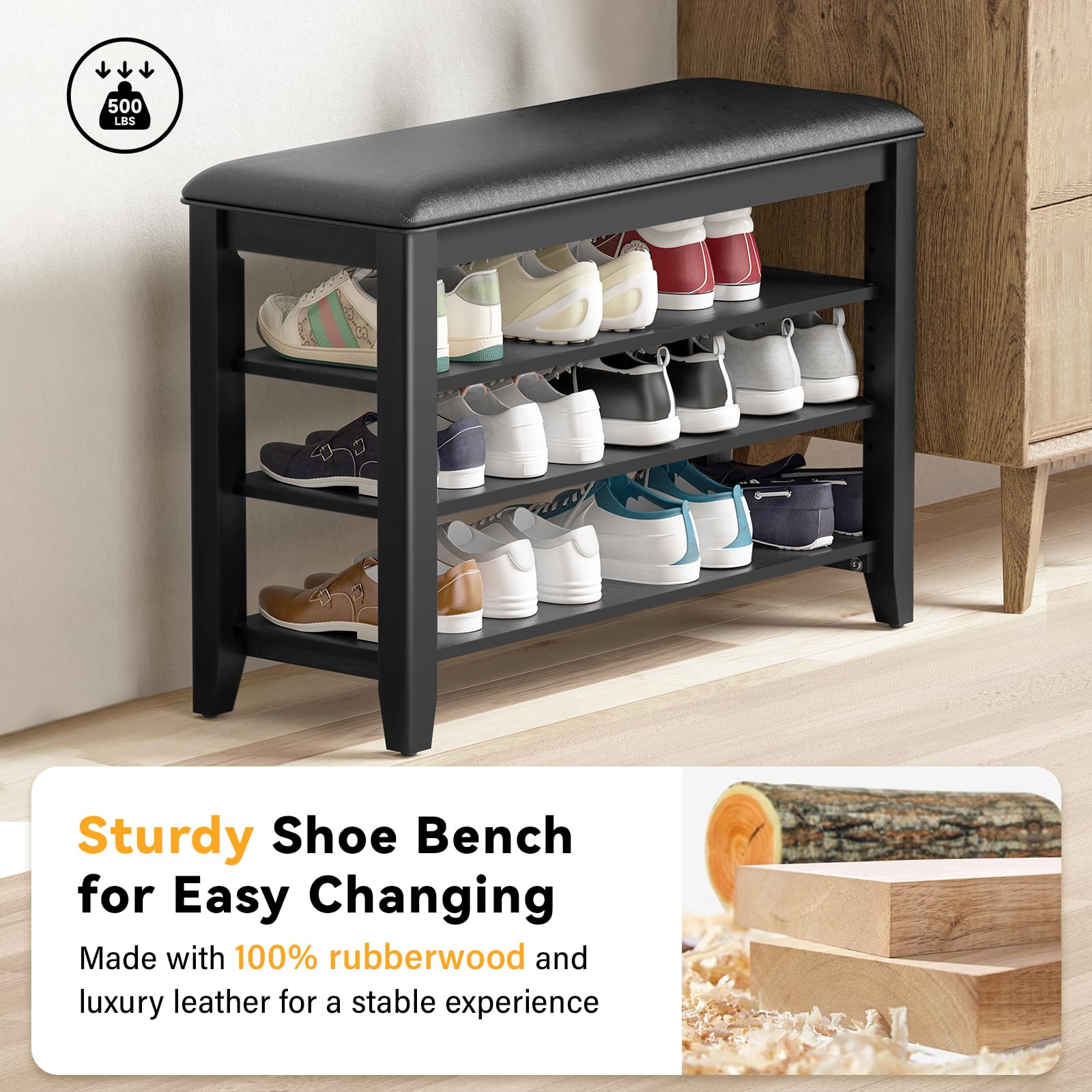 Taitiy Shoe Bench Storage Rubberwood with Leather Cushion for Entryway Bench Ideal for Hallways Shoe Rack Front Doors Entrances Mudrooms Featuring 3 Height-Adjustable and Removable Shelves