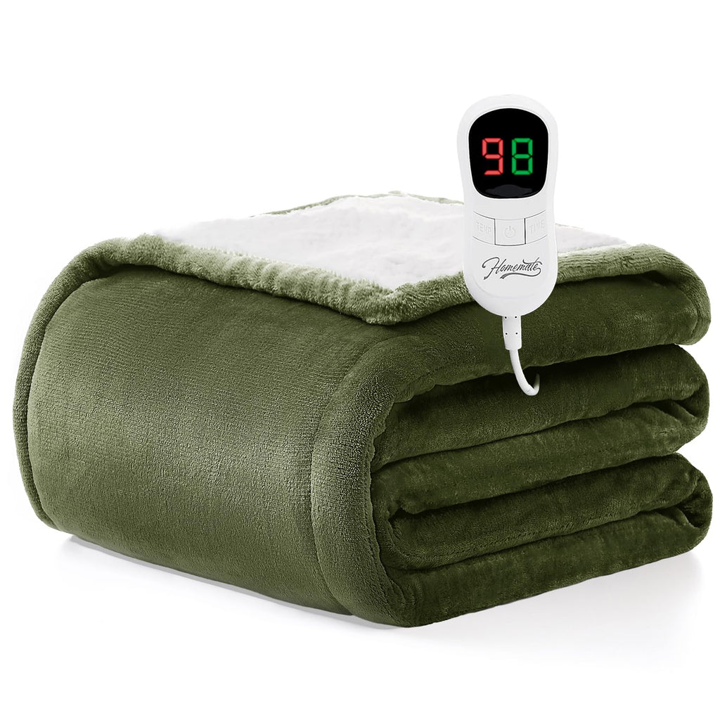 Homemate Heated Blanket Electric Throw - 50"x60" Heating Blanket Throw 1/2/4/6/8 Hours Auto-Off 10 Heat Level Over-Heat Protection Flannel Sherpa ETL Certification
