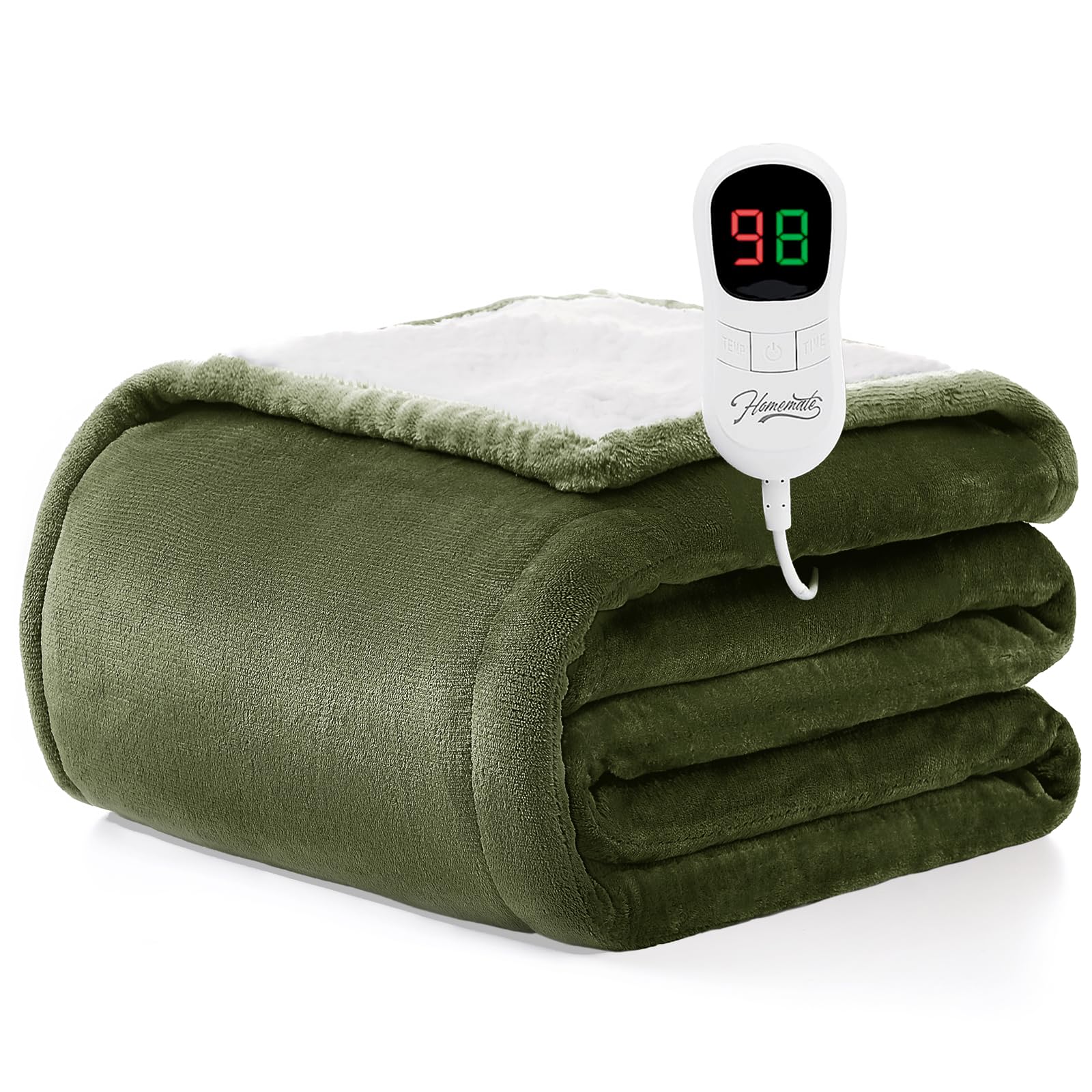 Homemate Heated Blanket Electric Throw - 50"x60" Heating Blanket Throw 1/2/4/6/8 Hours Auto-Off 10 Heat Level Over-Heat Protection Flannel Sherpa ETL Certification