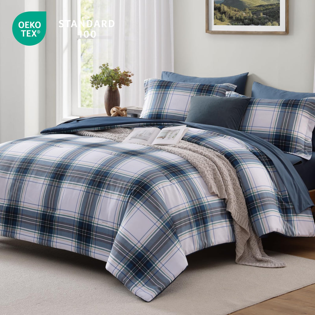 MaiRêve Plaid Twin XL Comforter Set Navy Blue 5 Pieces Dorm Bed in a Bag | Rustic Farmhouse Bedding Sets for Boys Teen with Sheets, Pillowcase & Sham