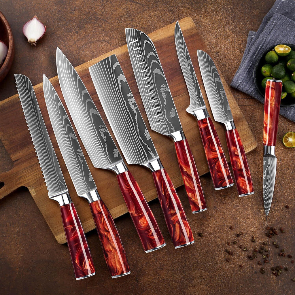 SENKEN 16-Piece Knife Block Set - Japanese High Carbon Stainless Steel with Damascus Pattern, Dark Wood Handles, 6 Steak Knives & Acacia Hardwood Block (Brown)