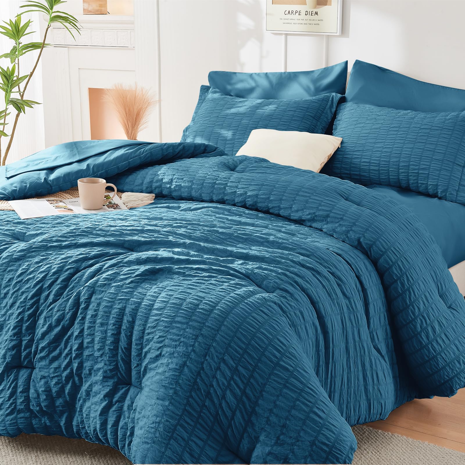 HYMOKEGE Twin XL Comforter Set Seersucker 5 Pieces, All Season Luxury Bed in a Bag for Bedroom, Bedding Set with Comforter, Sheet, Pillowcase & Sham, Dark Grey
