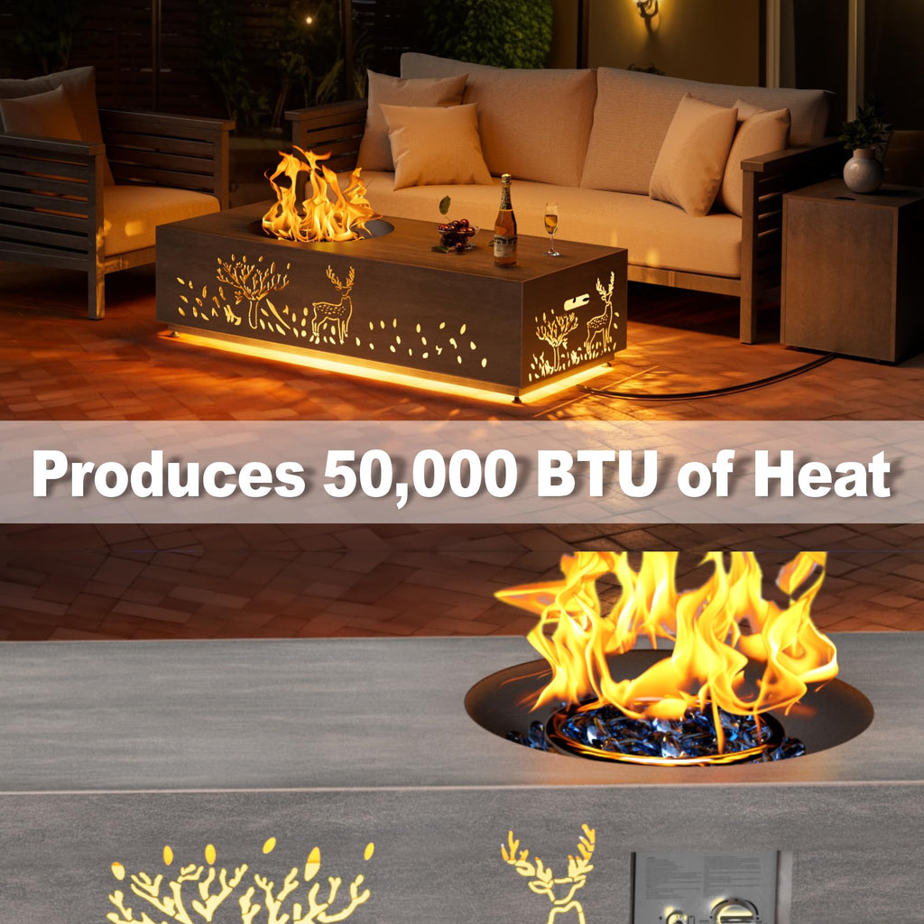 SUNPEAK 42" Modern Fire Pit Table with LED Light 50,000 BTU Deck Fire Pit Table Includes Wind Guard, Lid, Rocks & Cover - Propane Gas Patio Fireplace, Chimenea para Patio (Grey/Golden Light, 42" LED)