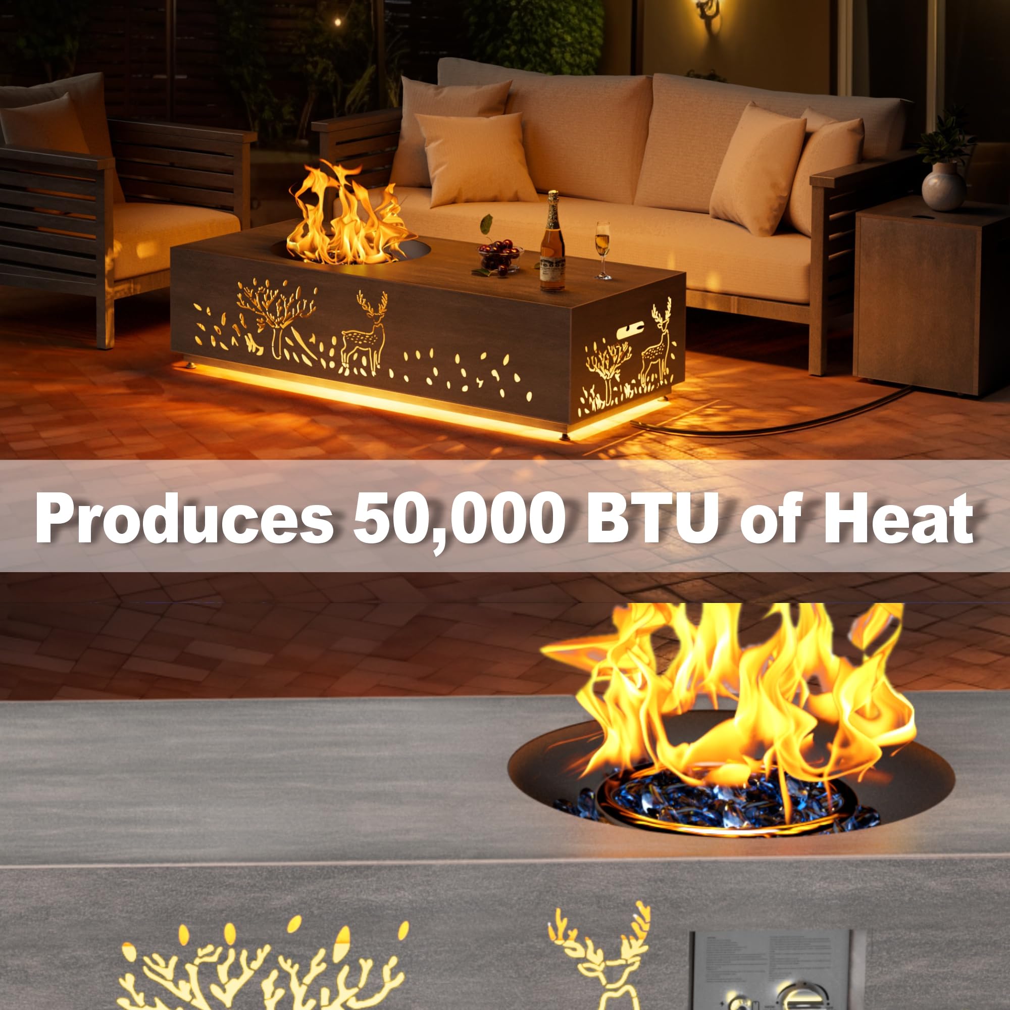 SUNPEAK 42" Modern Fire Pit Table with LED Light 50,000 BTU Deck Fire Pit Table Includes Wind Guard, Lid, Rocks & Cover - Propane Gas Patio Fireplace, Chimenea para Patio (Grey/Golden Light, 42" LED)