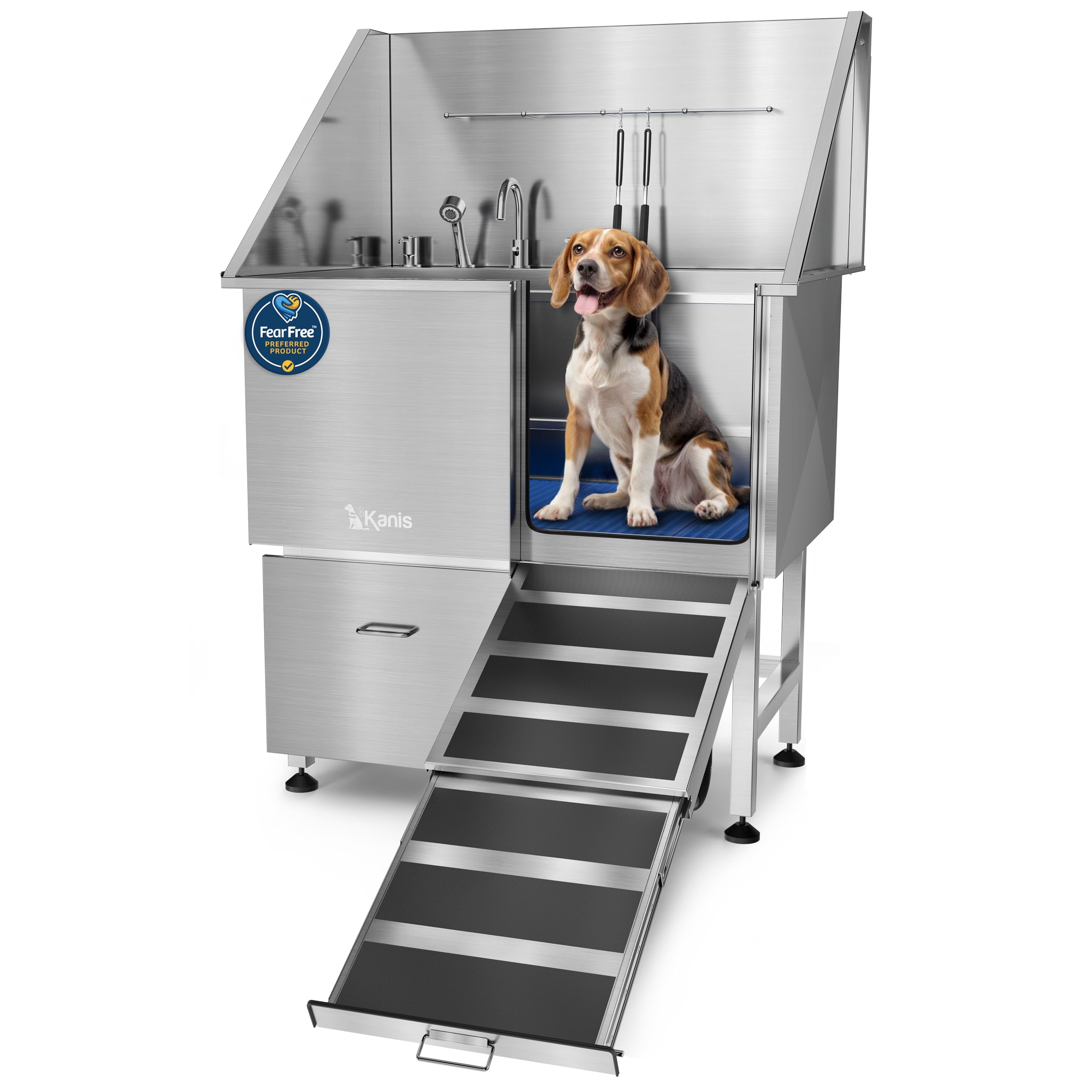 KANIS Professional Dog Washing Station 304 Stainless Steel Pet Wash Sink & Grooming Bathtub w/Shower, Floor Grates and Storage for Large, Medium & Small Pets (Silver, 50 Inches, Right Ramp, 1 Drawer)