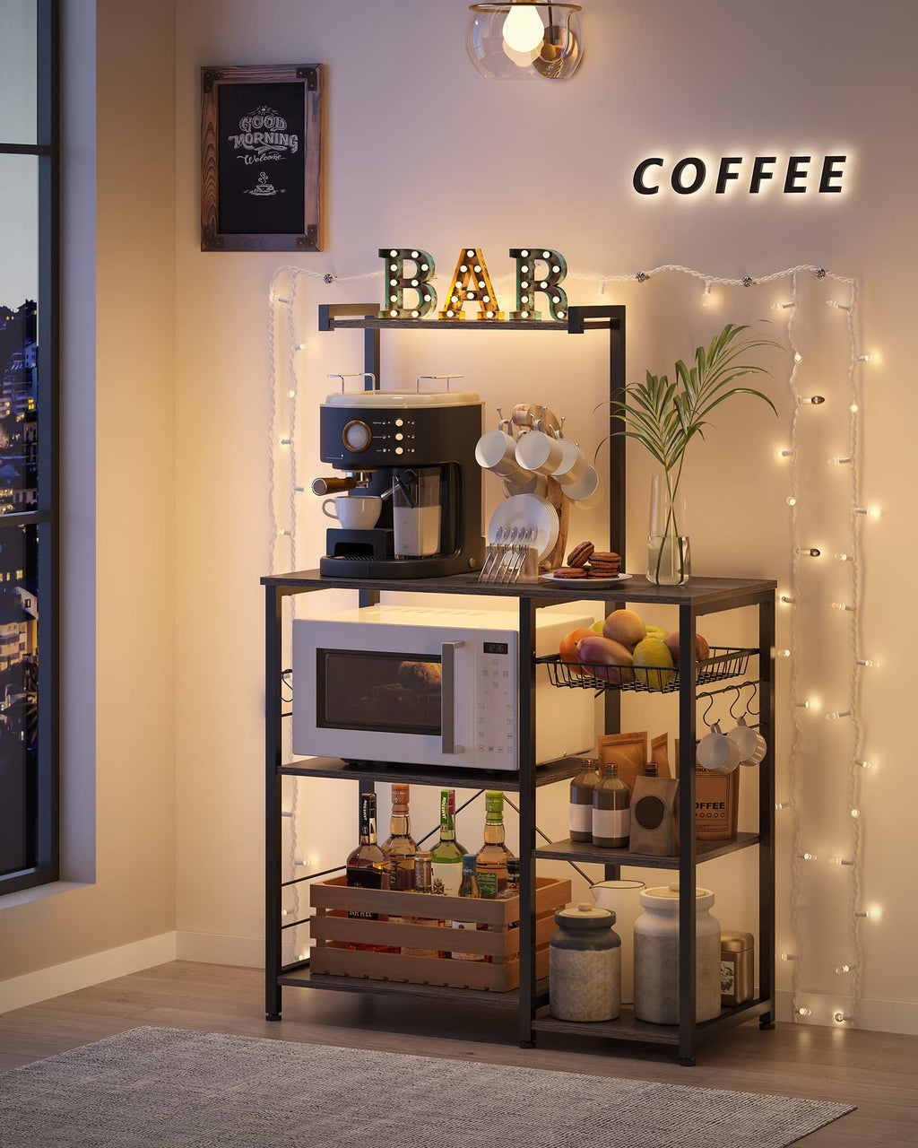 VASAGLE Kitchen Bakers Rack with Power Outlet, Coffee Bar with 35.4-Inch High Worktop, Microwave Stand with 8 Hooks, 15.7 x 31.5 x 66.9 Inches, Golden Oak and Cloud White UKKS059Y01
