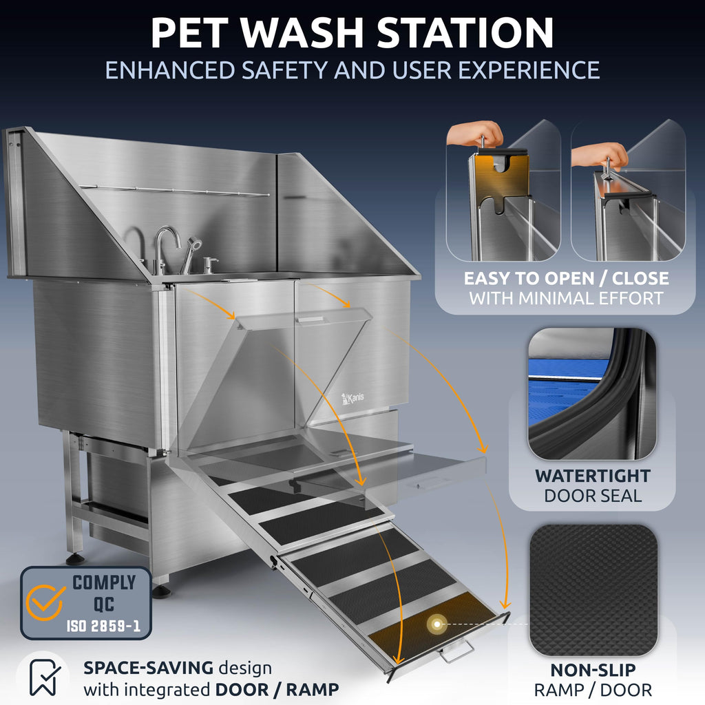 KANIS Professional Dog Washing Station 304 Stainless Steel Pet Wash Sink & Grooming Bathtub w/Shower, Floor Grates and Storage for Large, Medium & Small Pets (Silver, 50 Inches, Right Ramp, 1 Drawer)