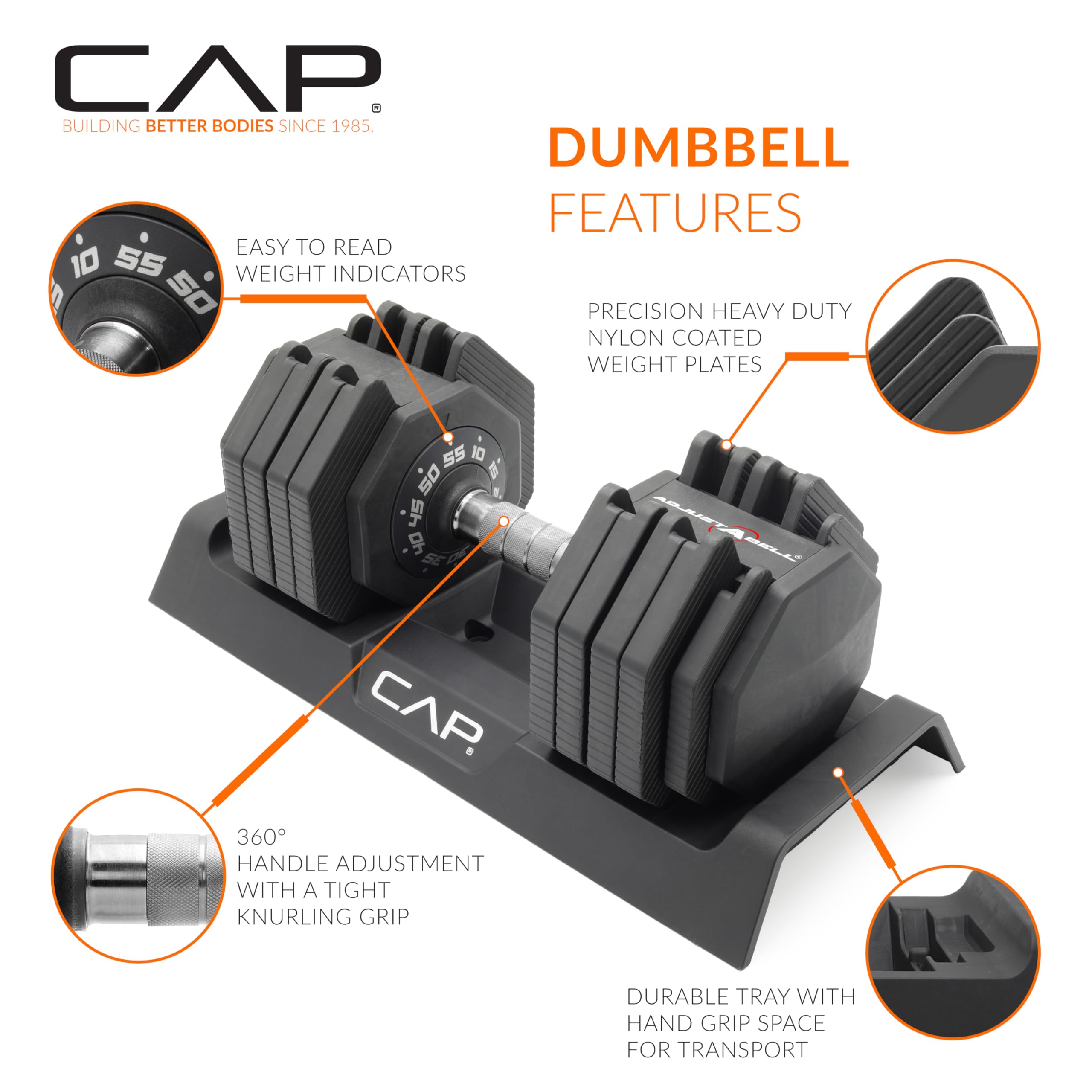 CAP ADJUSTABELL Adjustable Dumbbell Set, Premium Quick Select Adjustable Weights for Strength Training, Singles & Pairs, 12.5 LB, 25 LB & 55 LB, Round & Hex Dumbbells, Multiple Grip Handle Options