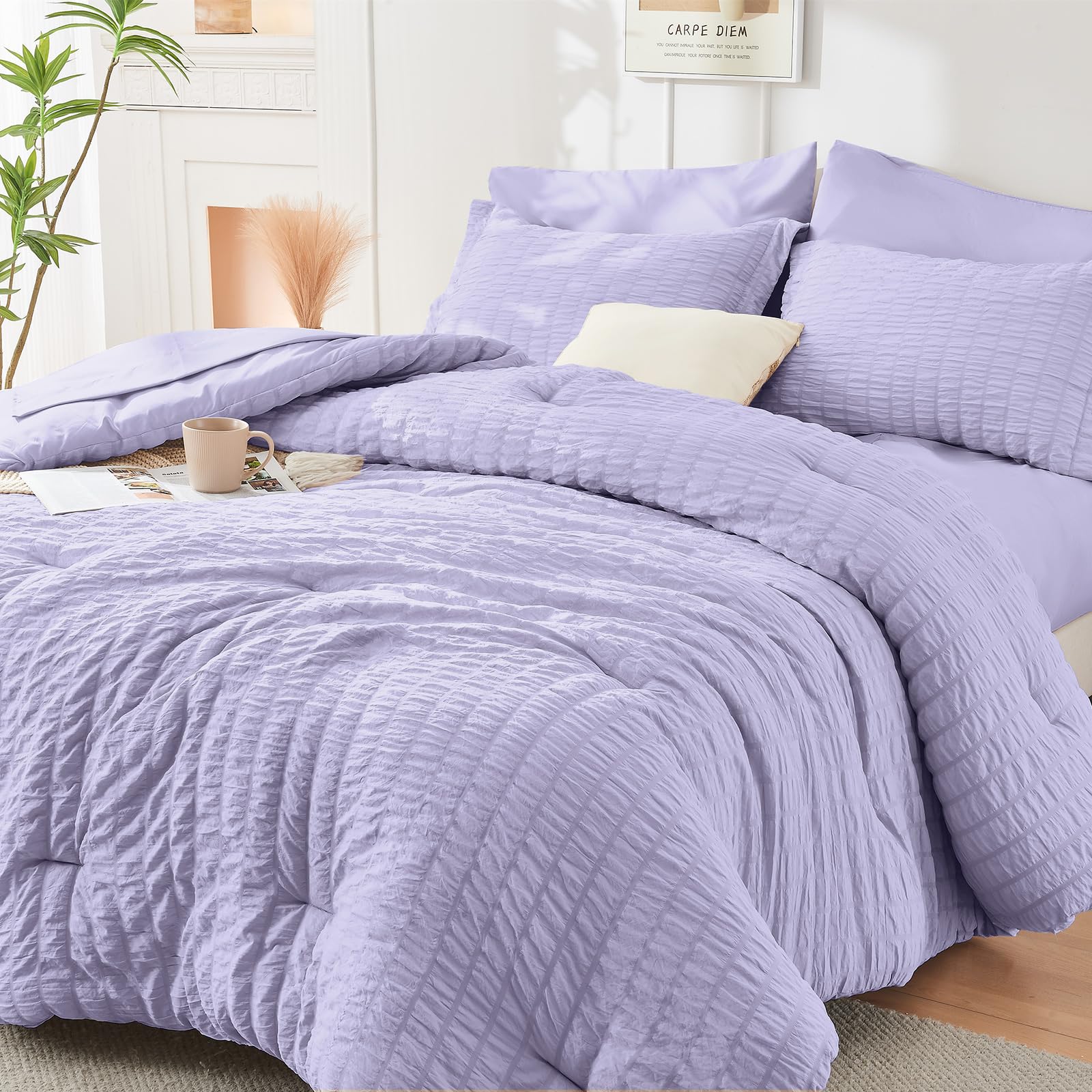 HYMOKEGE Twin XL Comforter Set Seersucker 5 Pieces, All Season Luxury Bed in a Bag for Bedroom, Bedding Set with Comforter, Sheet, Pillowcase & Sham, Dark Grey