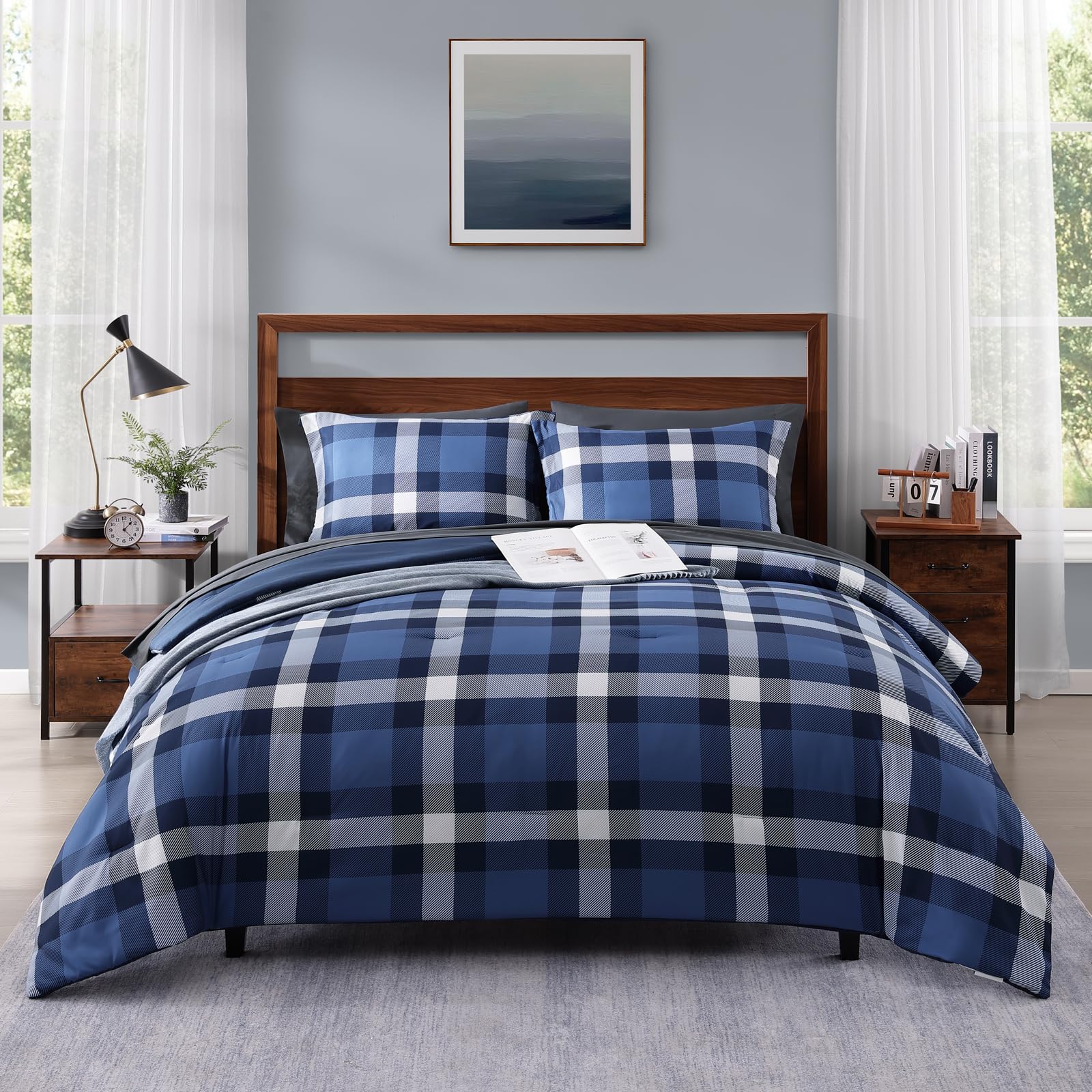 MaiRêve Plaid Twin XL Comforter Set Navy Blue 5 Pieces Dorm Bed in a Bag | Rustic Farmhouse Bedding Sets for Boys Teen with Sheets, Pillowcase & Sham