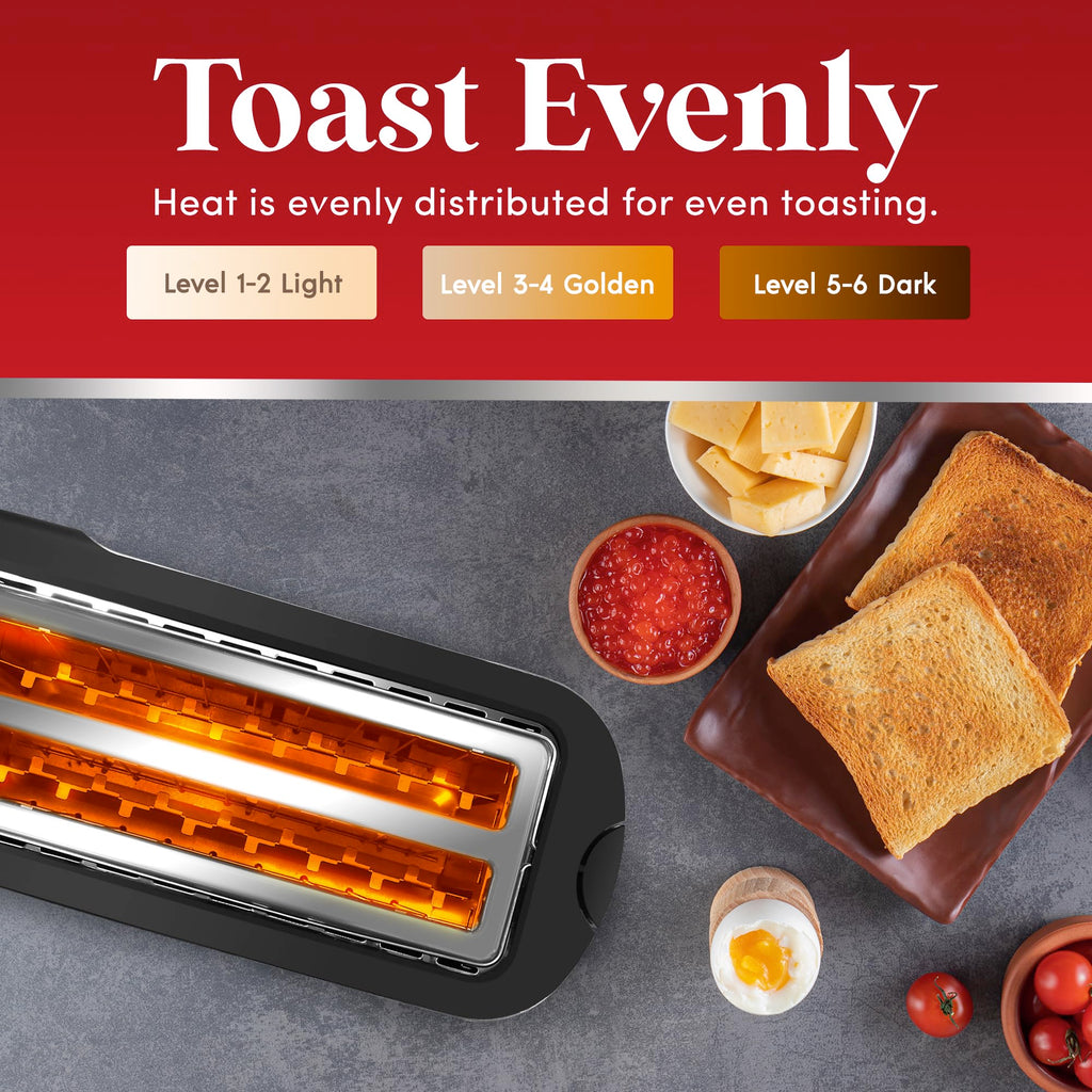 Elite Gourmet ECT5500 4-Slice Long Slot Toaster, Fully Automatic Motorized, Stainless Steel Digital Touchscreen, Extra-Wide Slots, 6 Browning Levels, Bagel, Defrost & Reheat