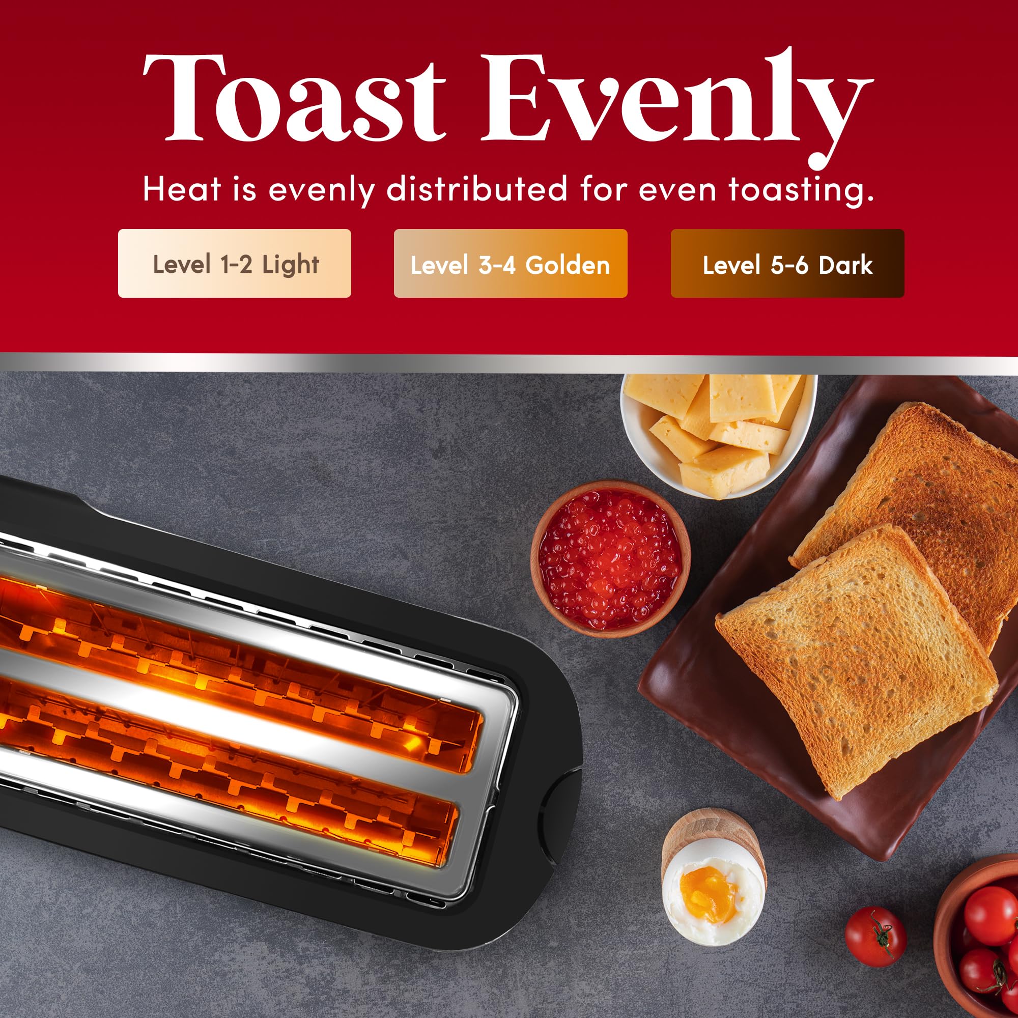 Elite Gourmet ECT5500 4-Slice Long Slot Toaster, Fully Automatic Motorized, Stainless Steel Digital Touchscreen, Extra-Wide Slots, 6 Browning Levels, Bagel, Defrost & Reheat