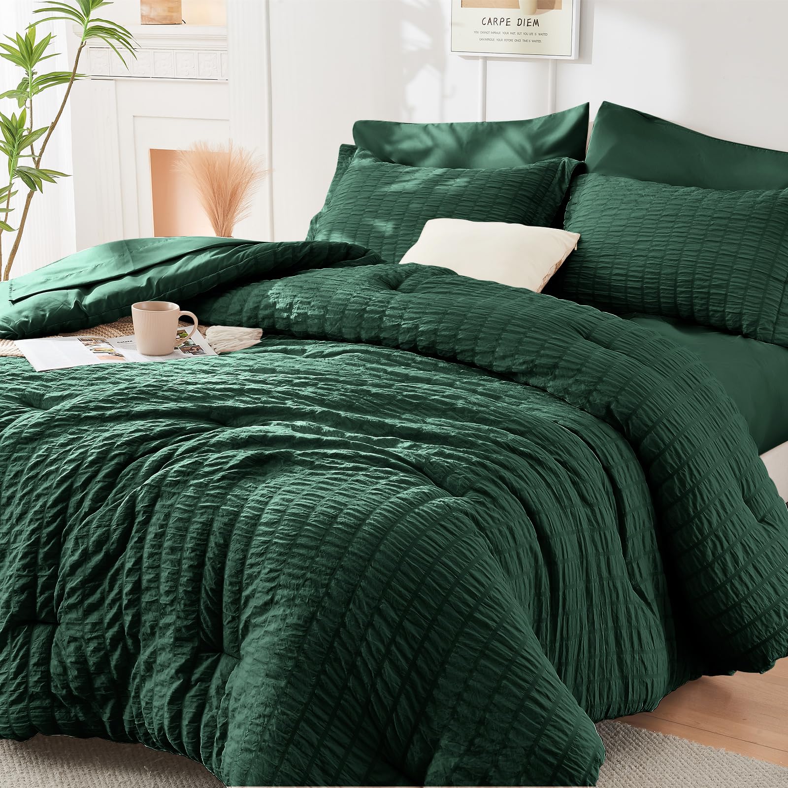 HYMOKEGE Twin XL Comforter Set Seersucker 5 Pieces, All Season Luxury Bed in a Bag for Bedroom, Bedding Set with Comforter, Sheet, Pillowcase & Sham, Dark Grey