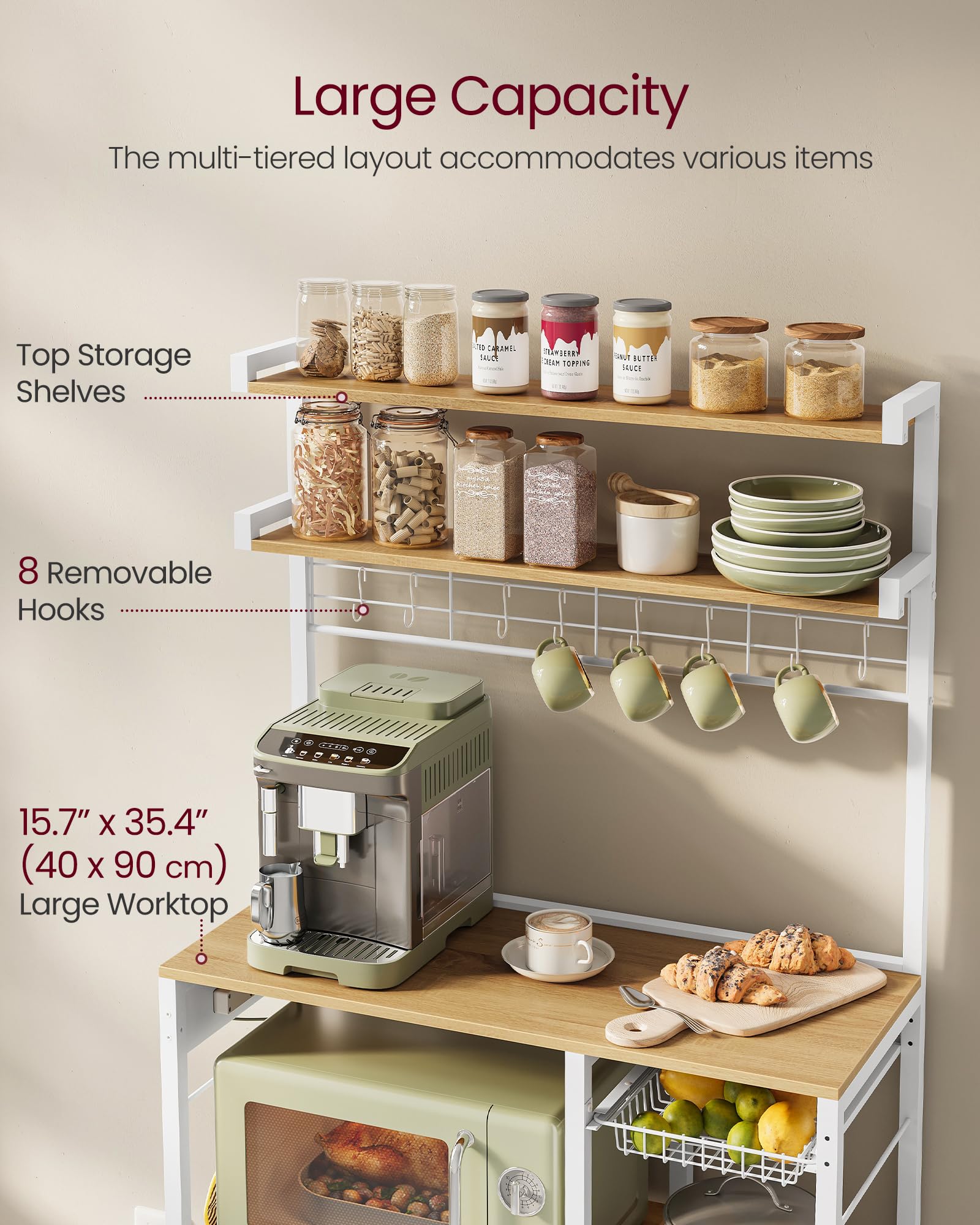 VASAGLE Kitchen Bakers Rack with Power Outlet, Coffee Bar with 35.4-Inch High Worktop, Microwave Stand with 8 Hooks, 15.7 x 31.5 x 66.9 Inches, Golden Oak and Cloud White UKKS059Y01