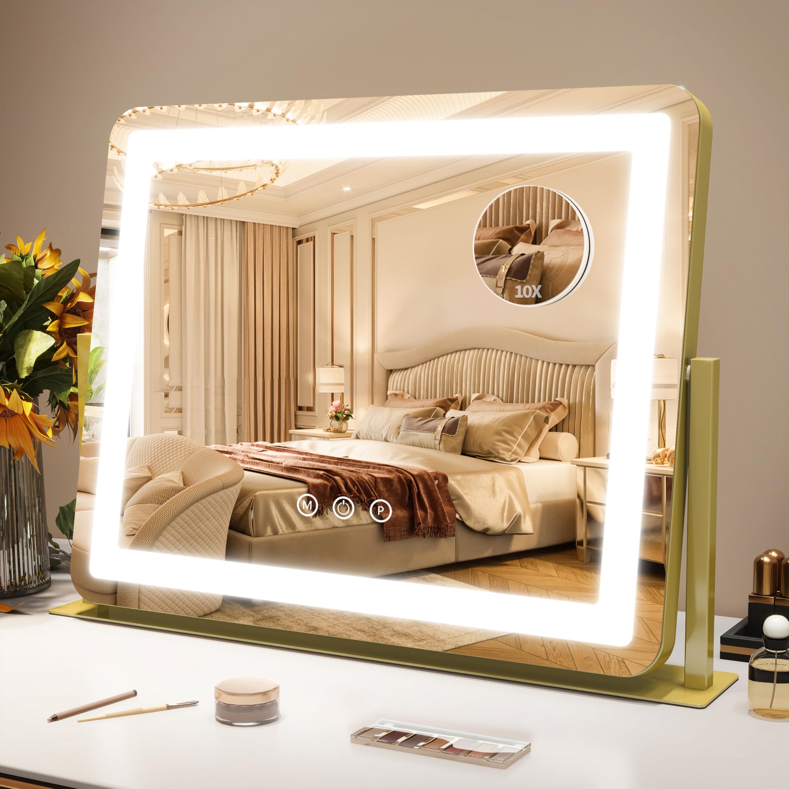 ROLOVE Vanity Mirror with Lights, 12.6"x15" LED Makeup Mirror with Lights, Smart Touch Control 3 Color Dimmable, Lighted Desk Mirror for Bedroom, Light Up Mirror