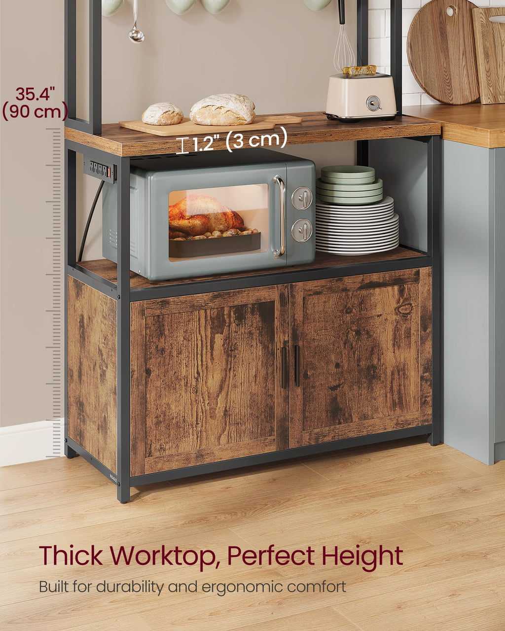 VASAGLE Kitchen Bakers Rack with Power Outlet, Coffee Bar with 35.4-Inch High Worktop, Microwave Stand with 8 Hooks, 15.7 x 31.5 x 66.9 Inches, Golden Oak and Cloud White UKKS059Y01