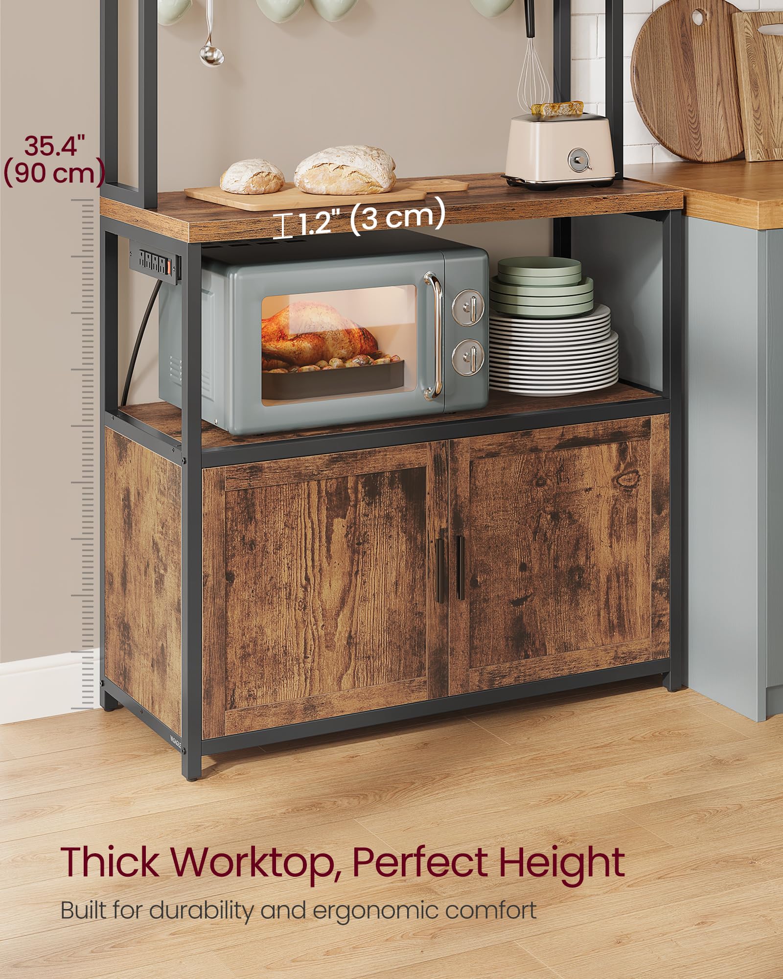 VASAGLE Kitchen Bakers Rack with Power Outlet, Coffee Bar with 35.4-Inch High Worktop, Microwave Stand with 8 Hooks, 15.7 x 31.5 x 66.9 Inches, Golden Oak and Cloud White UKKS059Y01