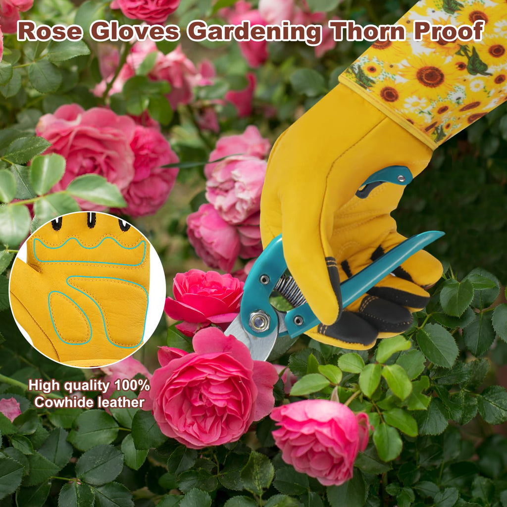 DLY Garden Gloves for Women,Gardening Gloves,Gardening Gift for Lady,Blue,M | Thornproof Cowhide Palm, Foam-Padded Grip, Long Sunflower Print Cuff, 3-Finger Touchscreen, Rose Pruning, Weeding & Yard Work