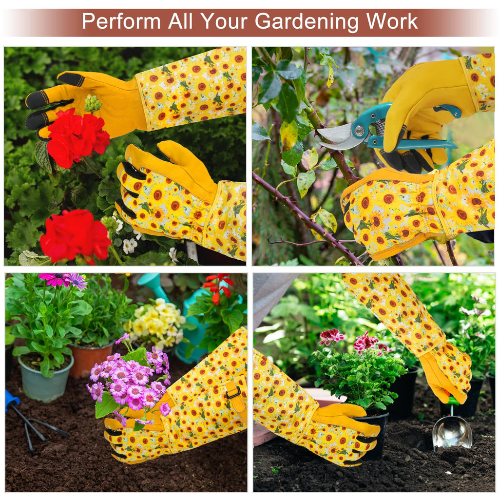 DLY Garden Gloves for Women,Gardening Gloves,Gardening Gift for Lady,Blue,M | Thornproof Cowhide Palm, Foam-Padded Grip, Long Sunflower Print Cuff, 3-Finger Touchscreen, Rose Pruning, Weeding & Yard Work