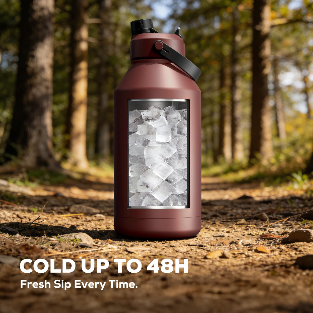 POWCAN 64 oz Insulated Water Bottle for Sports: 2-in-1 Straw & Spout Lid, Leakproof, Carrier Bag, Shoulder Strap, Keep Cold 48H, BPA-Free, Half Gallon Metal Water Jug for Gym, Travel, Gift (Midnight)