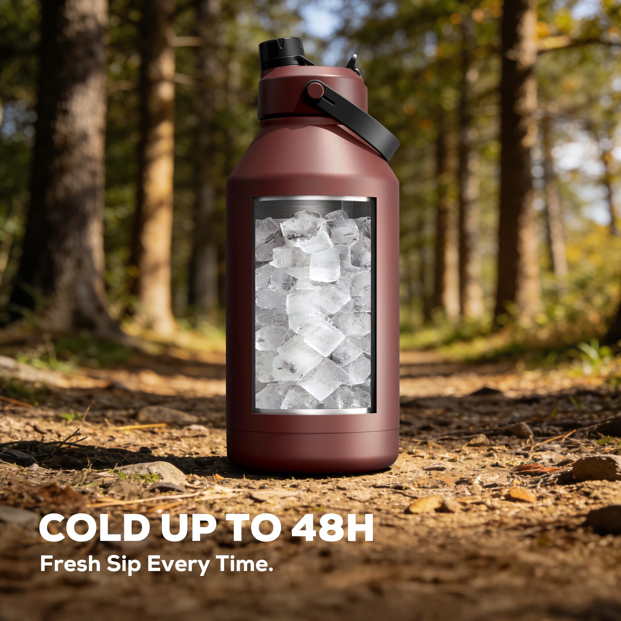 POWCAN 64 oz Insulated Water Bottle for Sports: 2-in-1 Straw & Spout Lid, Leakproof, Carrier Bag, Shoulder Strap, Keep Cold 48H, BPA-Free, Half Gallon Metal Water Jug for Gym, Travel, Gift (Midnight)