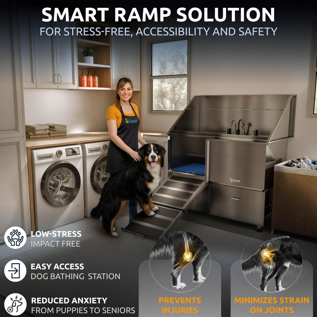 KANIS Professional Dog Washing Station 304 Stainless Steel Pet Wash Sink & Grooming Bathtub w/Shower, Floor Grates and Storage for Large, Medium & Small Pets (Silver, 50 Inches, Right Ramp, 1 Drawer)