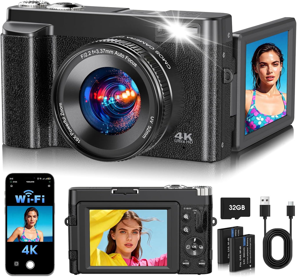 4K Digital Camera 64MP WiFi 180° Flip Screen Autofocus Compact, Black | 16X Zoom Anti-Shake Travel Vlogging YouTube Photography Webcam Filters Scene Modes 32GB Card Dual Rechargeable Batteries