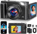 4K Digital Camera 64MP WiFi 180° Flip Screen Autofocus Compact, Black | 16X Zoom Anti-Shake Travel Vlogging YouTube Photography Webcam Filters Scene Modes 32GB Card Dual Rechargeable Batteries