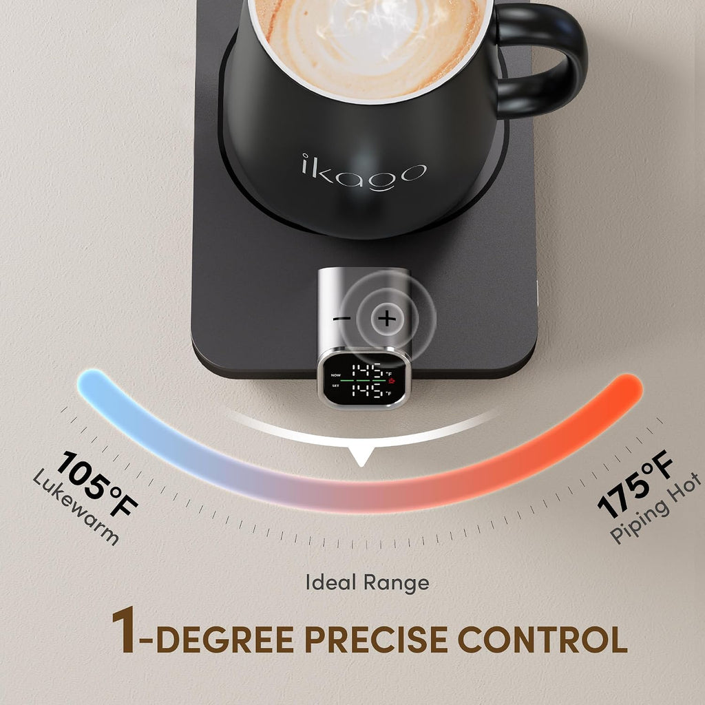 Coffee Cup Warmer & iKago Mug Set, 1℉ Precise Temp Control Mug Warmer | Auto Shut Off, Infrared Sensor, Dual Temp Display, ℉/℃ Optional, 15oz Mug with Spoon & Lid Included, Gifts for Men Women