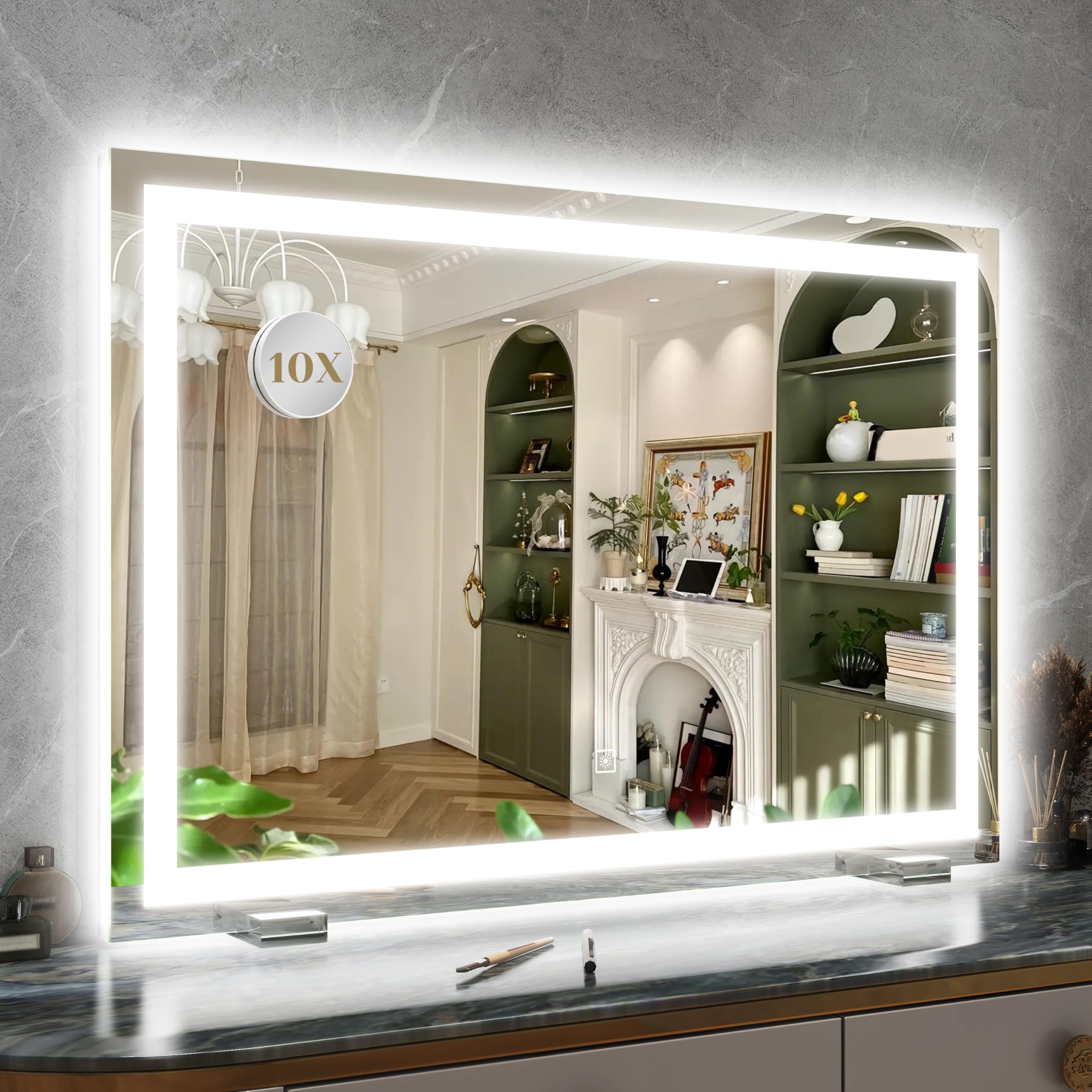 ROLOVE Vanity Mirror with Lights, 12.6"x15" LED Makeup Mirror with Lights, Smart Touch Control 3 Color Dimmable, Lighted Desk Mirror for Bedroom, Light Up Mirror