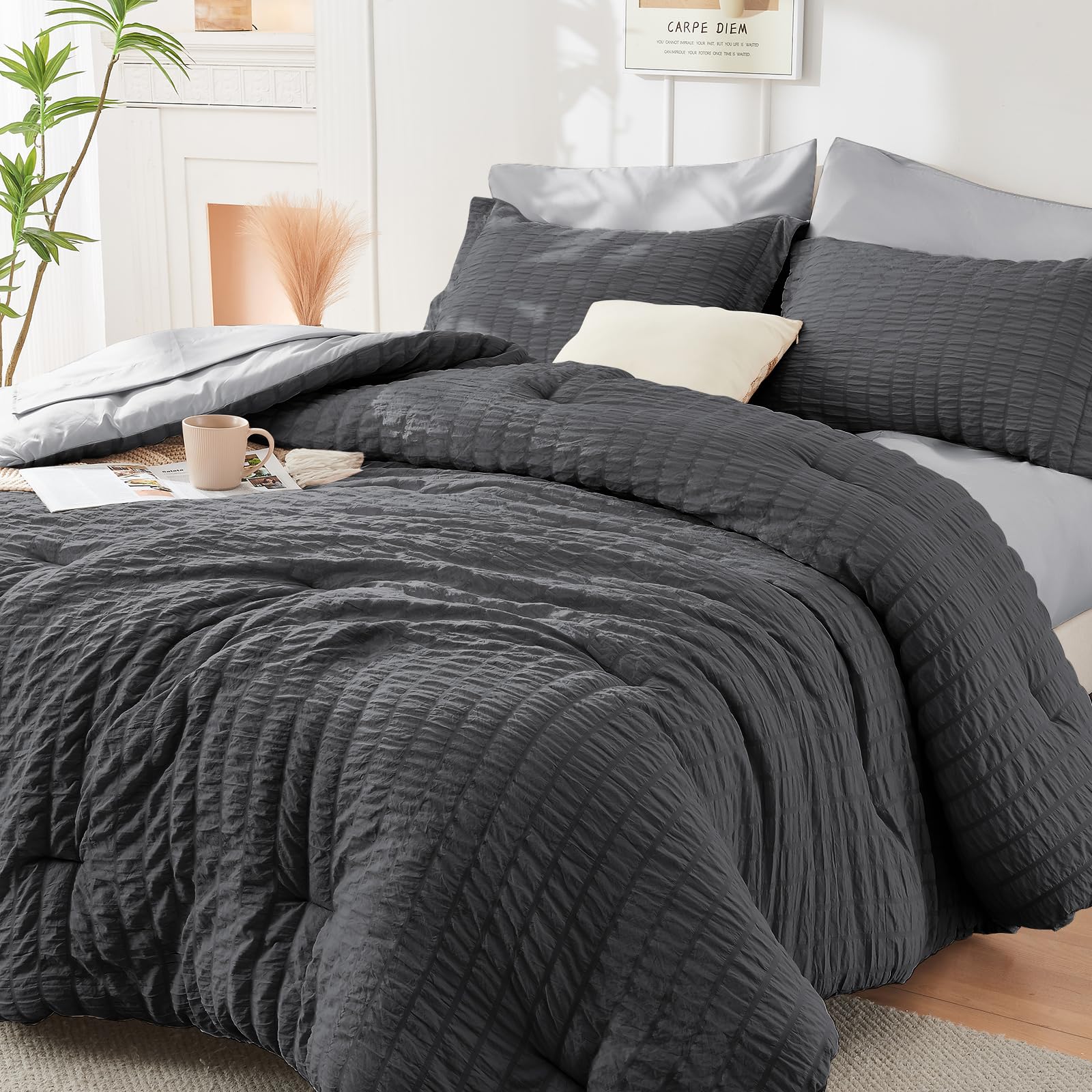 HYMOKEGE Twin XL Comforter Set Seersucker 5 Pieces, All Season Luxury Bed in a Bag for Bedroom, Bedding Set with Comforter, Sheet, Pillowcase & Sham, Dark Grey