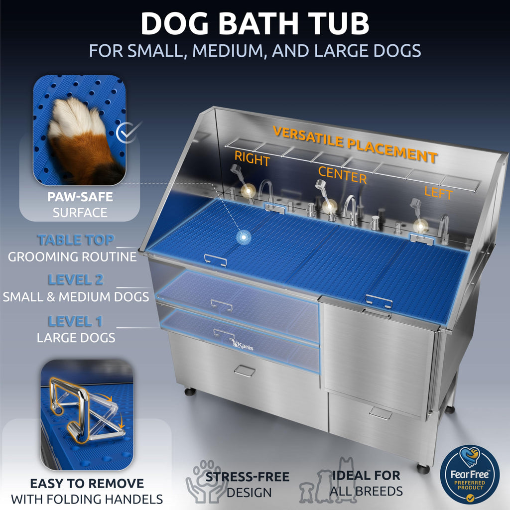 KANIS Professional Dog Washing Station 304 Stainless Steel Pet Wash Sink & Grooming Bathtub w/Shower, Floor Grates and Storage for Large, Medium & Small Pets (Silver, 50 Inches, Right Ramp, 1 Drawer)